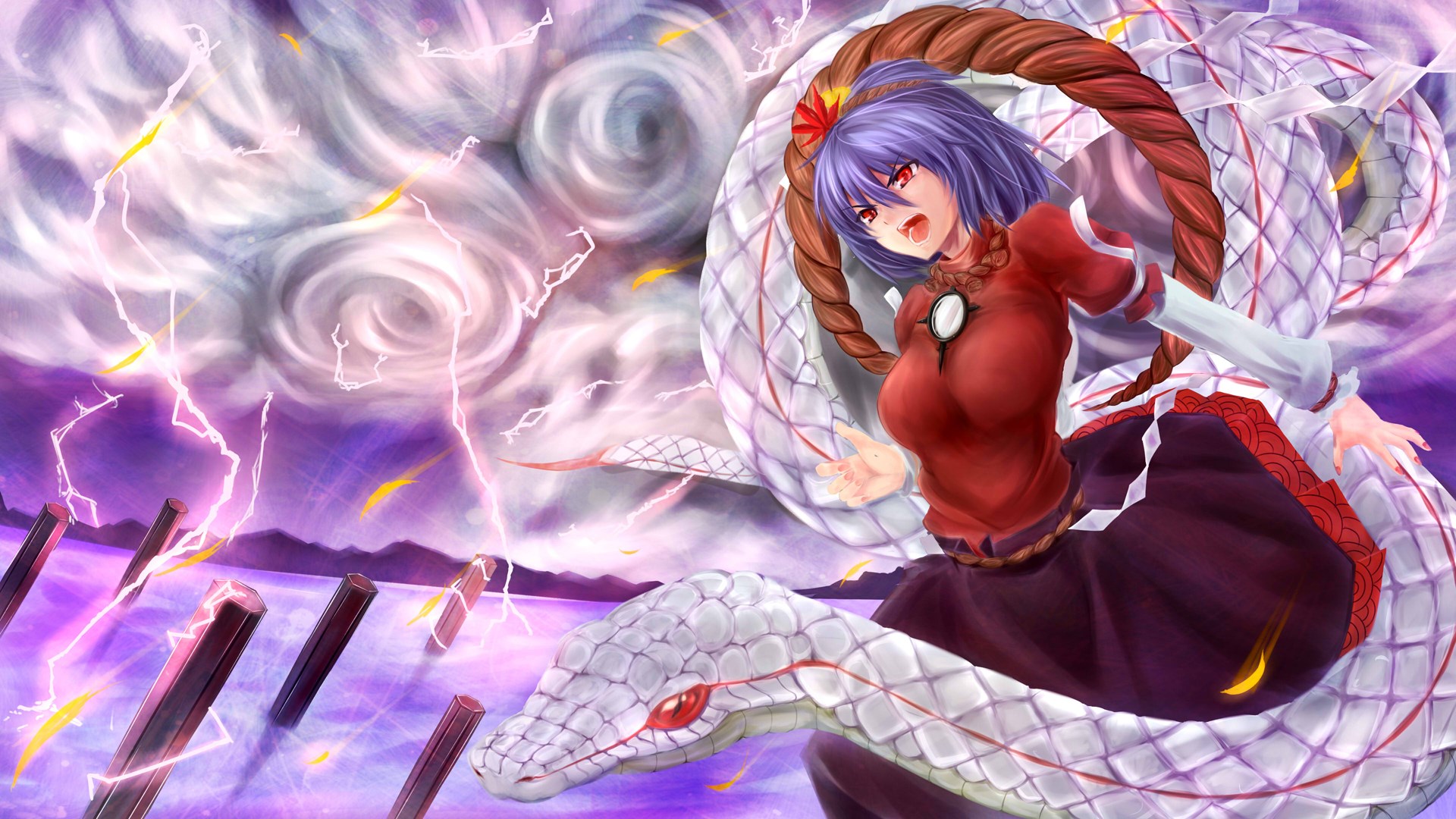 Sannyo from Touhou Project with a giant snake HD Wallpaper