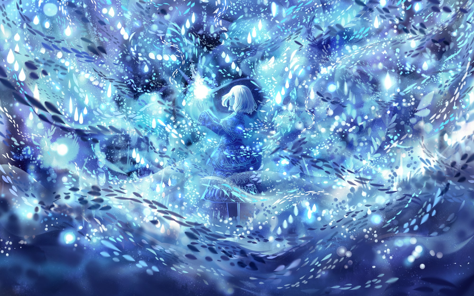 Girl surrounded by glowing blue particles and leaves HD Wallpaper