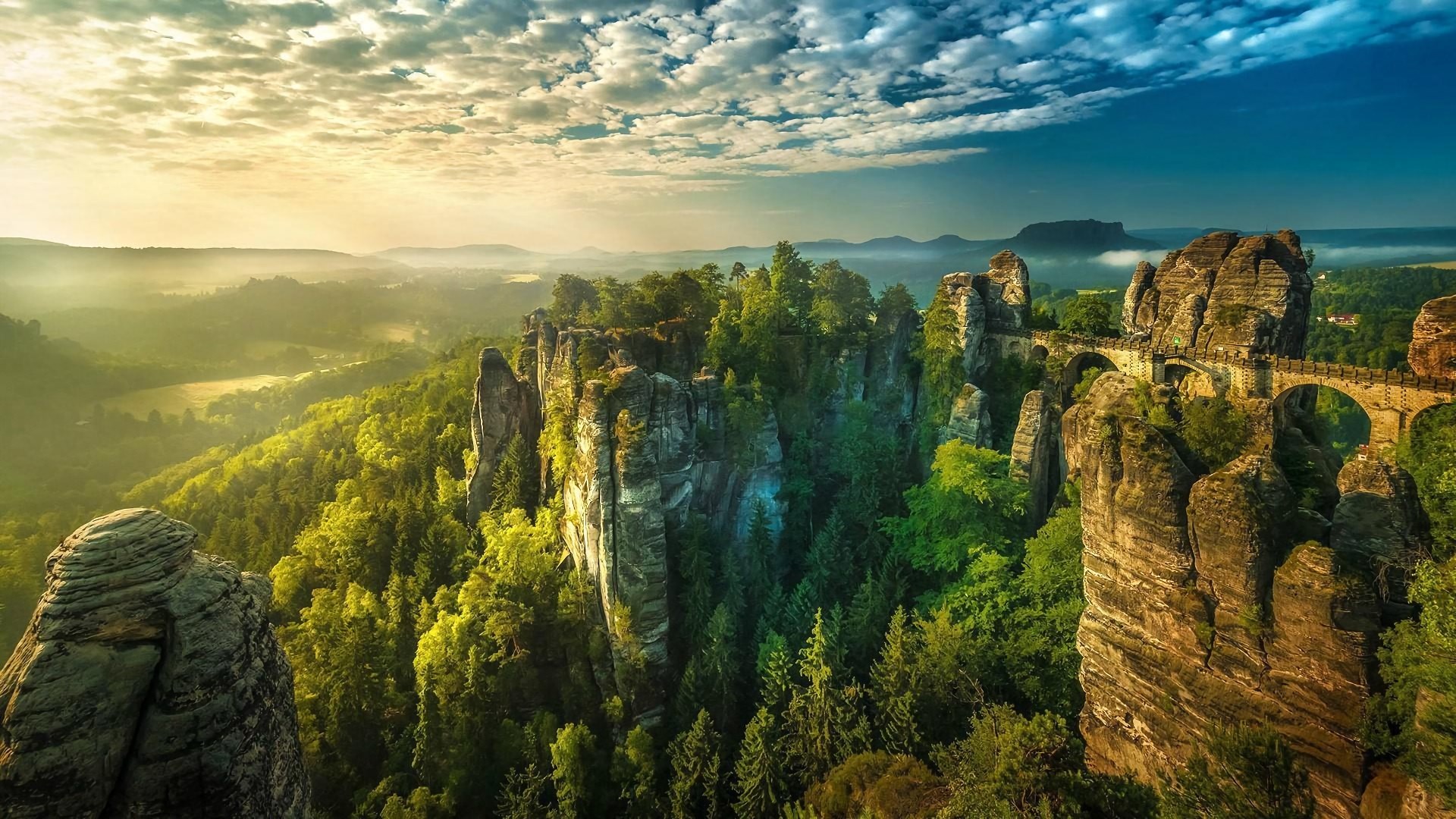 Bastei Bridge and rock formations in Saxon Switzerland HD Wallpaper