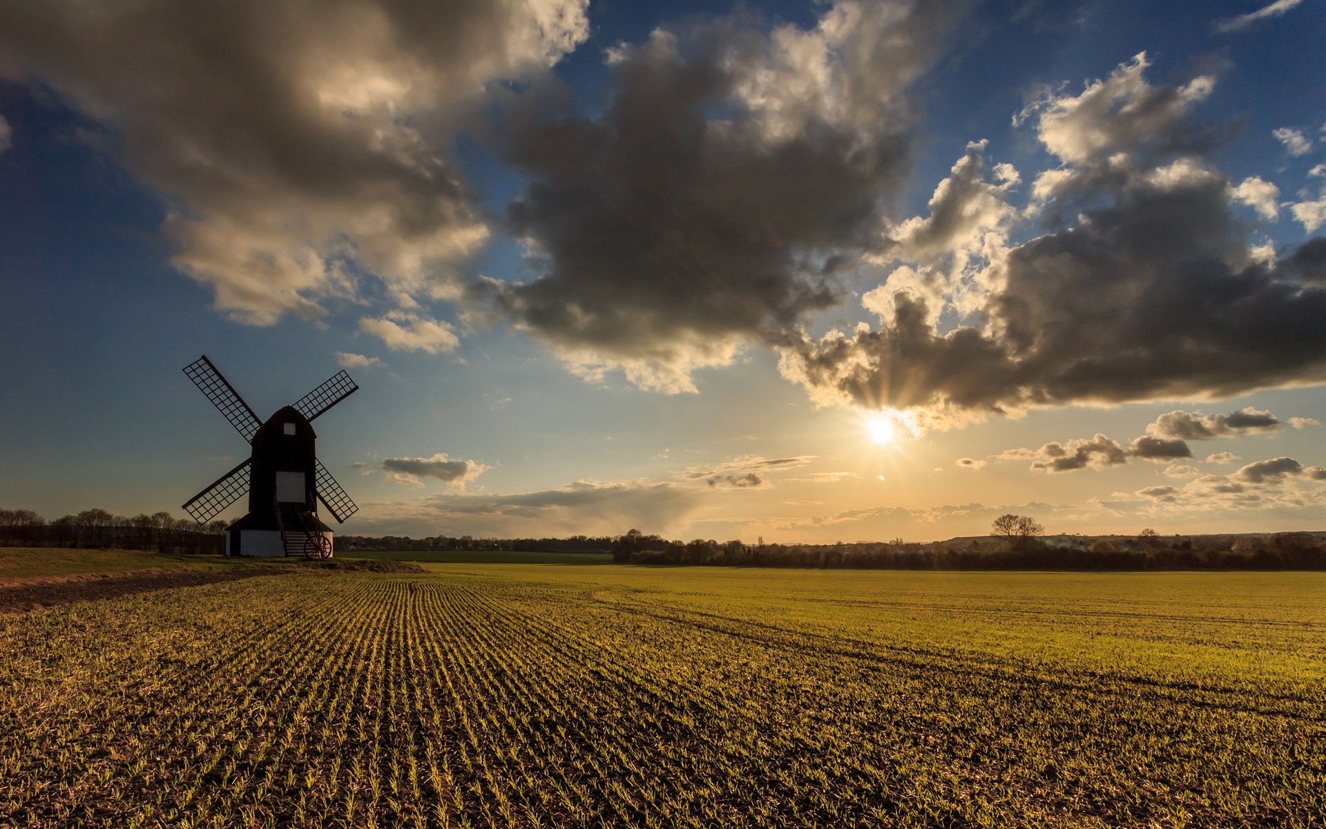 Windmill in a field at sunset HD Wallpaper