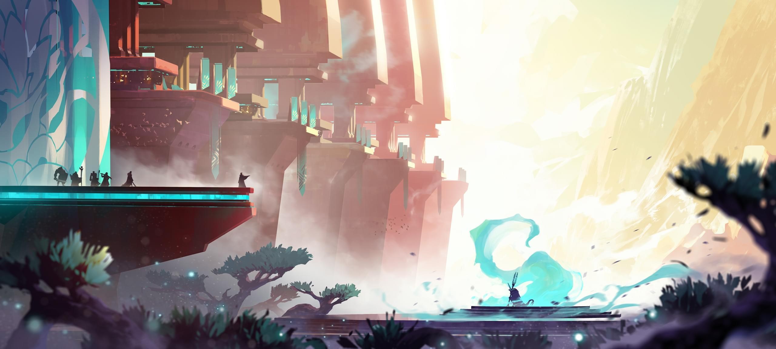 Duelyst characters on a platform with a futuristic city HD Wallpaper
