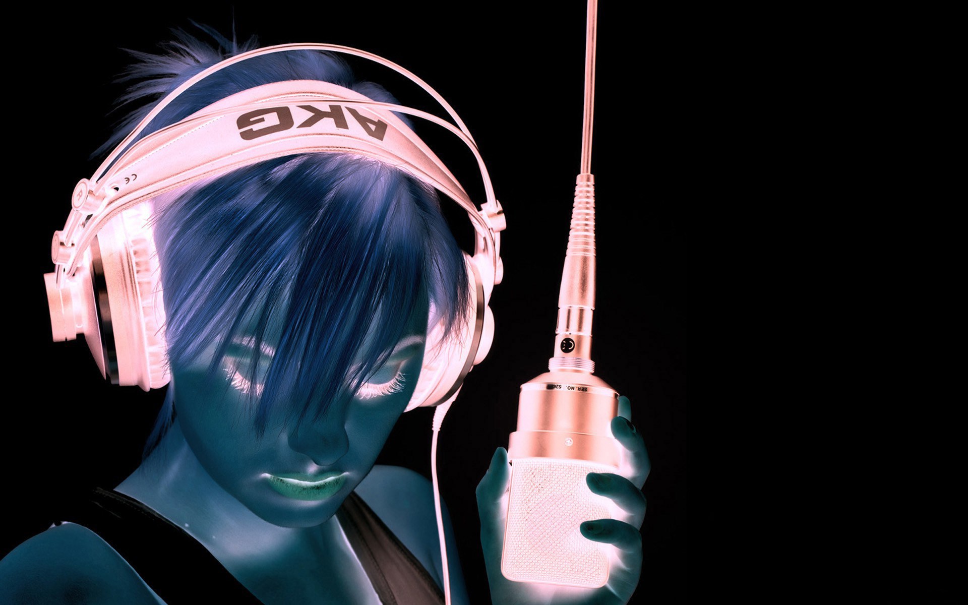 Woman wearing AKG headphones holding a microphone HD Wallpaper