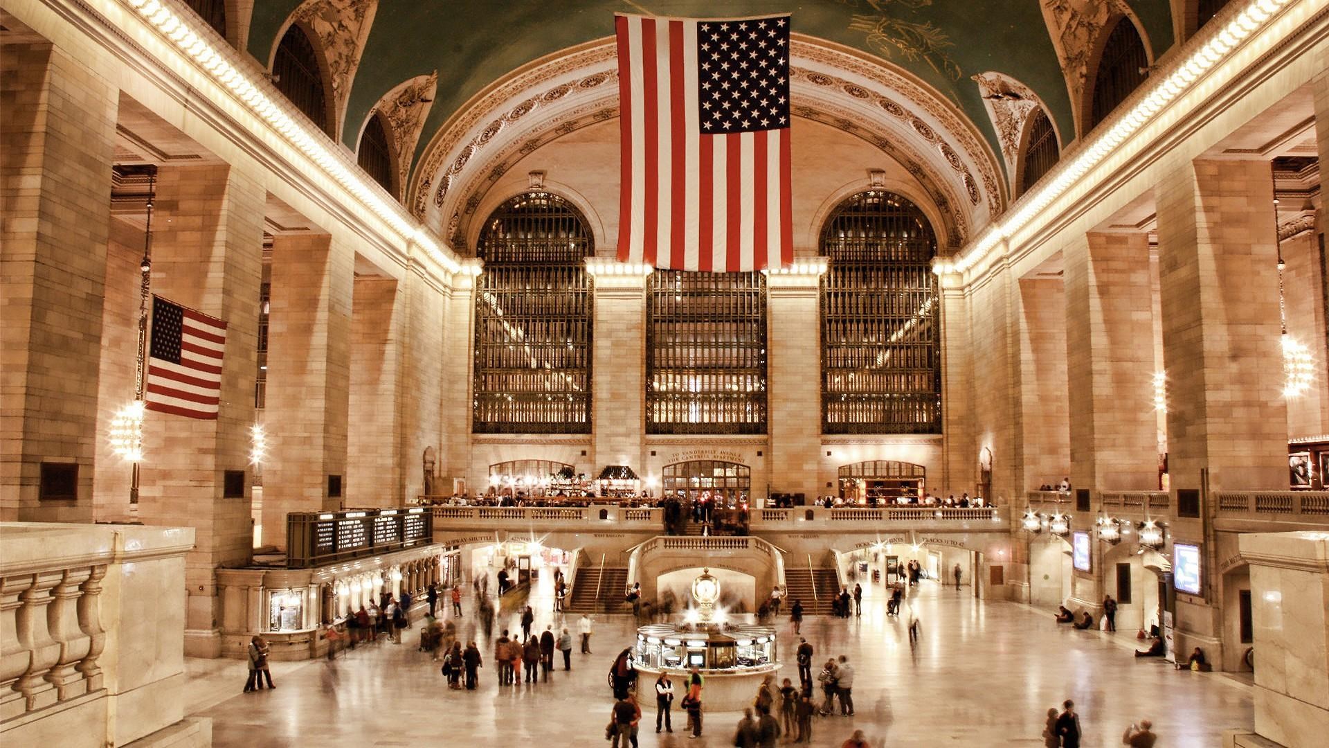 Grand Central Terminal Main Concourse with American Flags HD Wallpaper