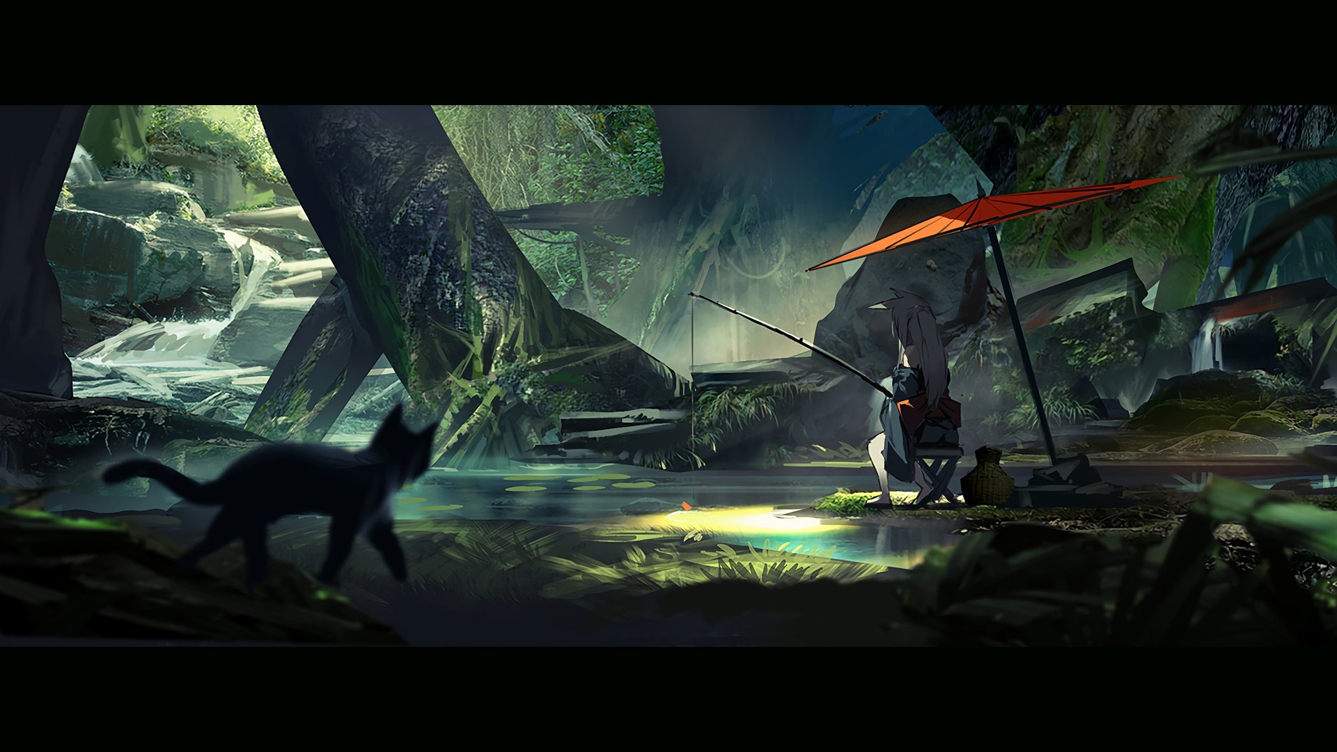 Girl fishing with a cat in a forest stream HD Wallpaper