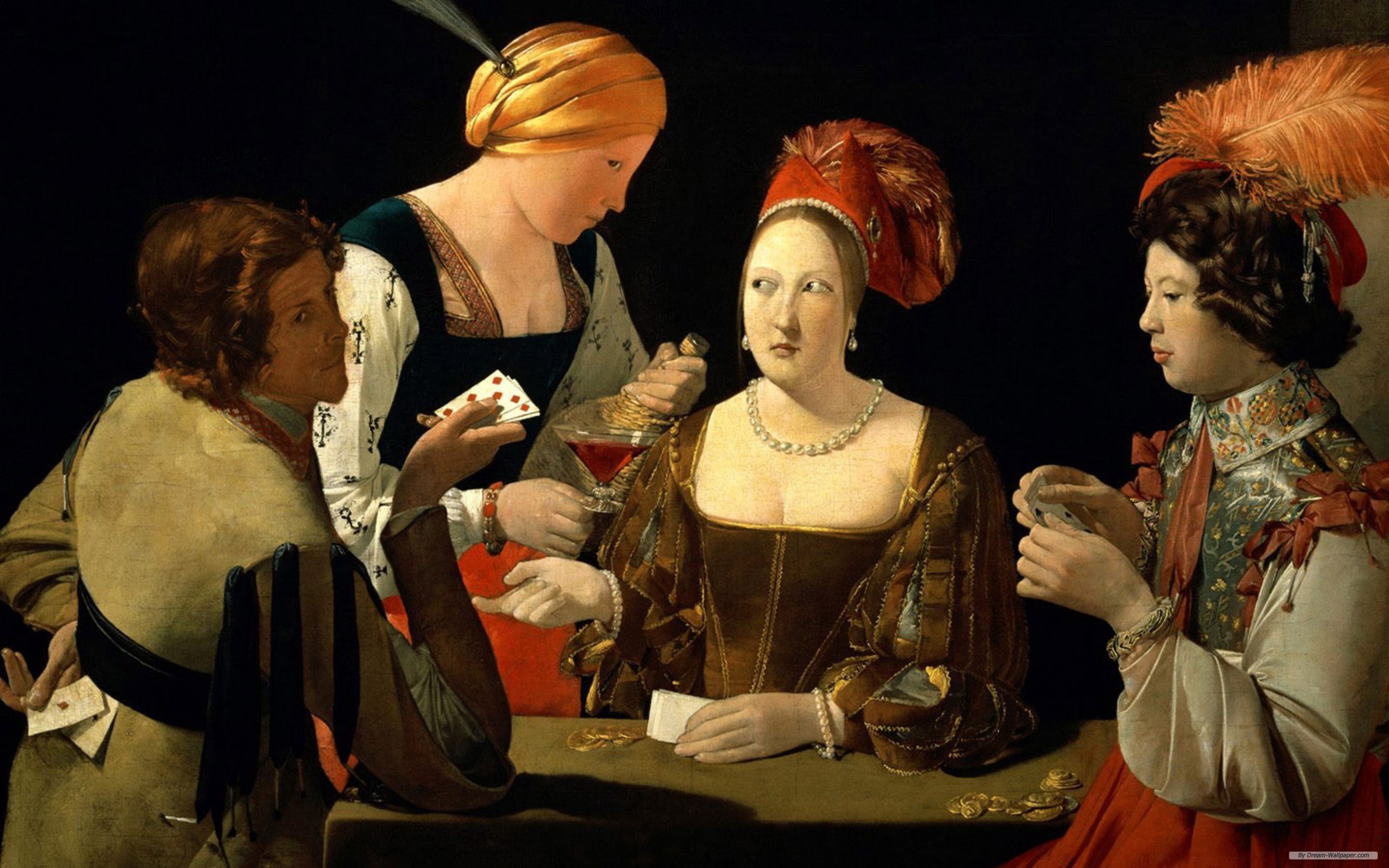 Four people playing cards at a table HD Wallpaper