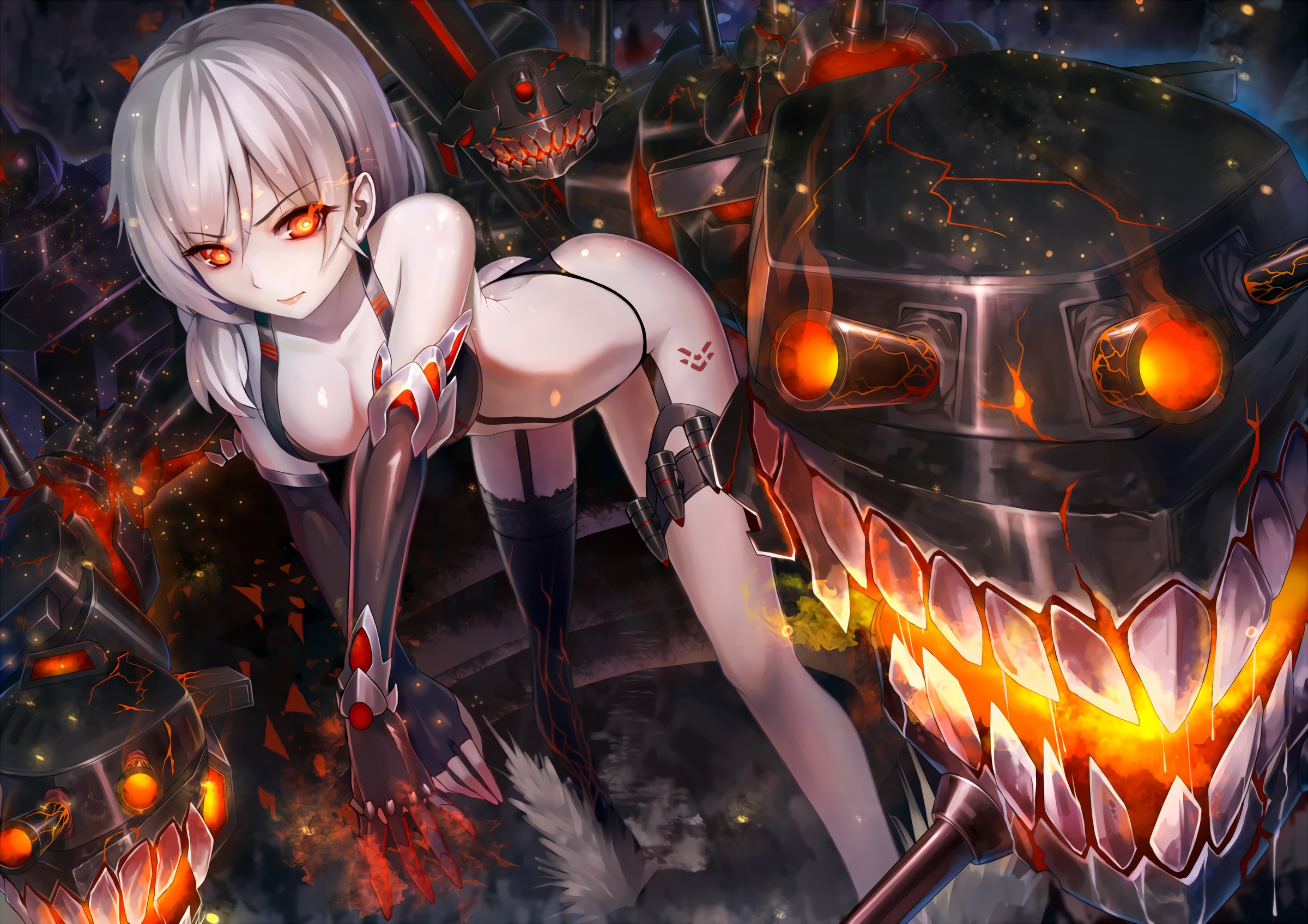 Fiery Anime Girl with Mechanical Monsters HD Wallpaper