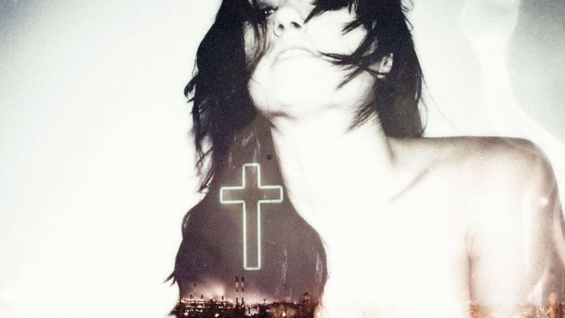 Double exposure of a woman and a neon cross over a city HD Wallpaper
