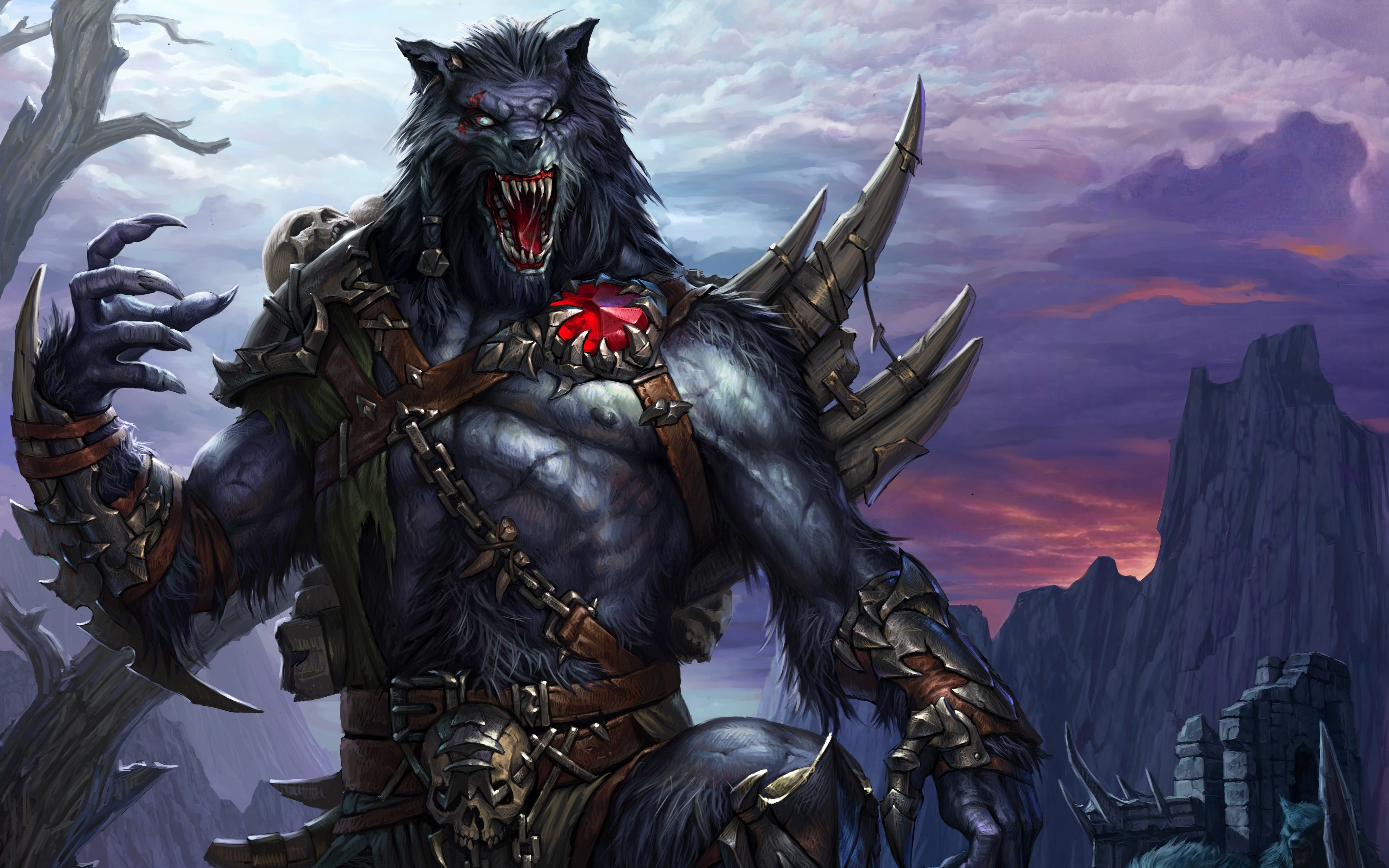 Werewolf with red gem on chest in a mountain landscape HD Wallpaper
