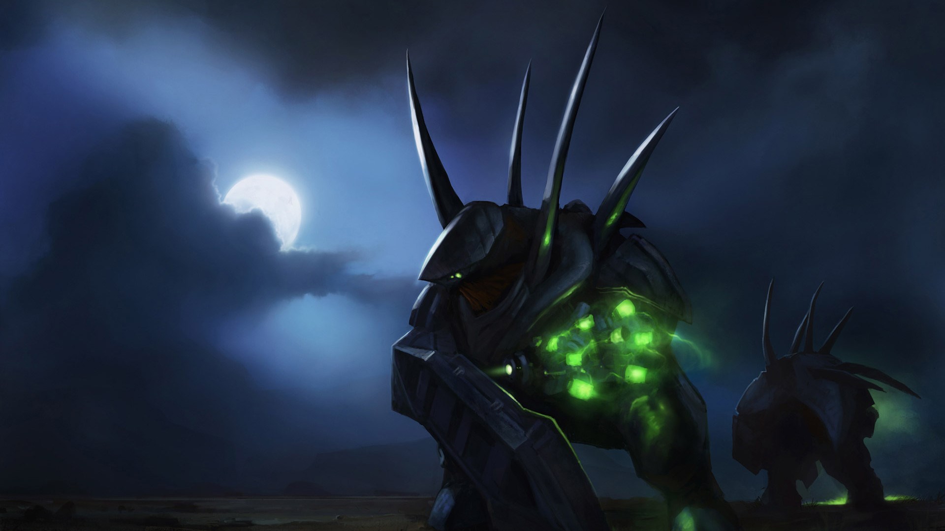 Alien creatures with glowing green cores in a dark landscape HD Wallpaper