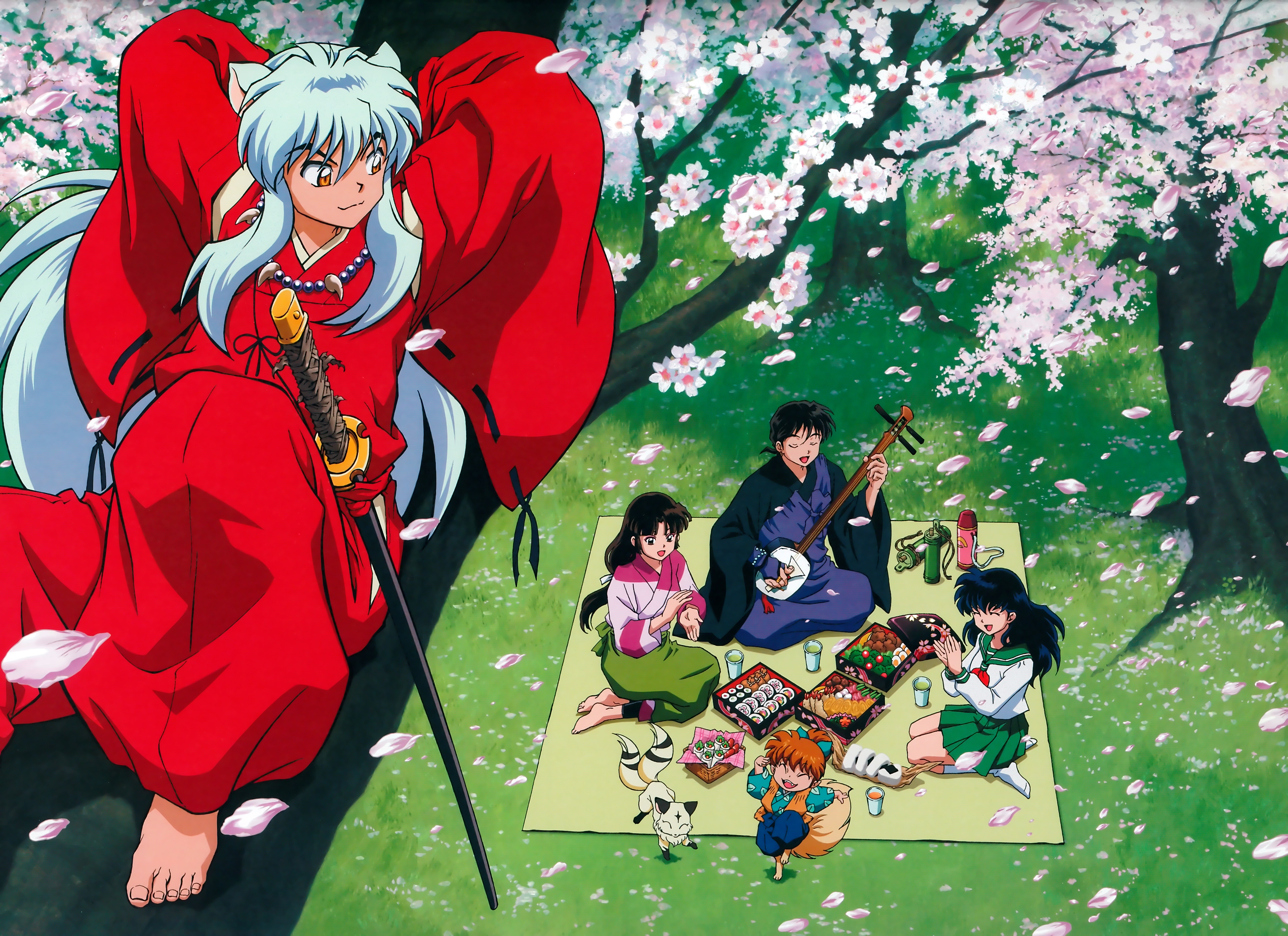 Inuyasha characters having a picnic under cherry blossoms HD Wallpaper