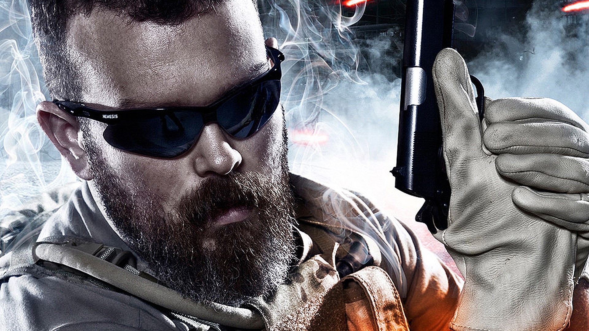 Man with beard and sunglasses holding a gun HD Wallpaper