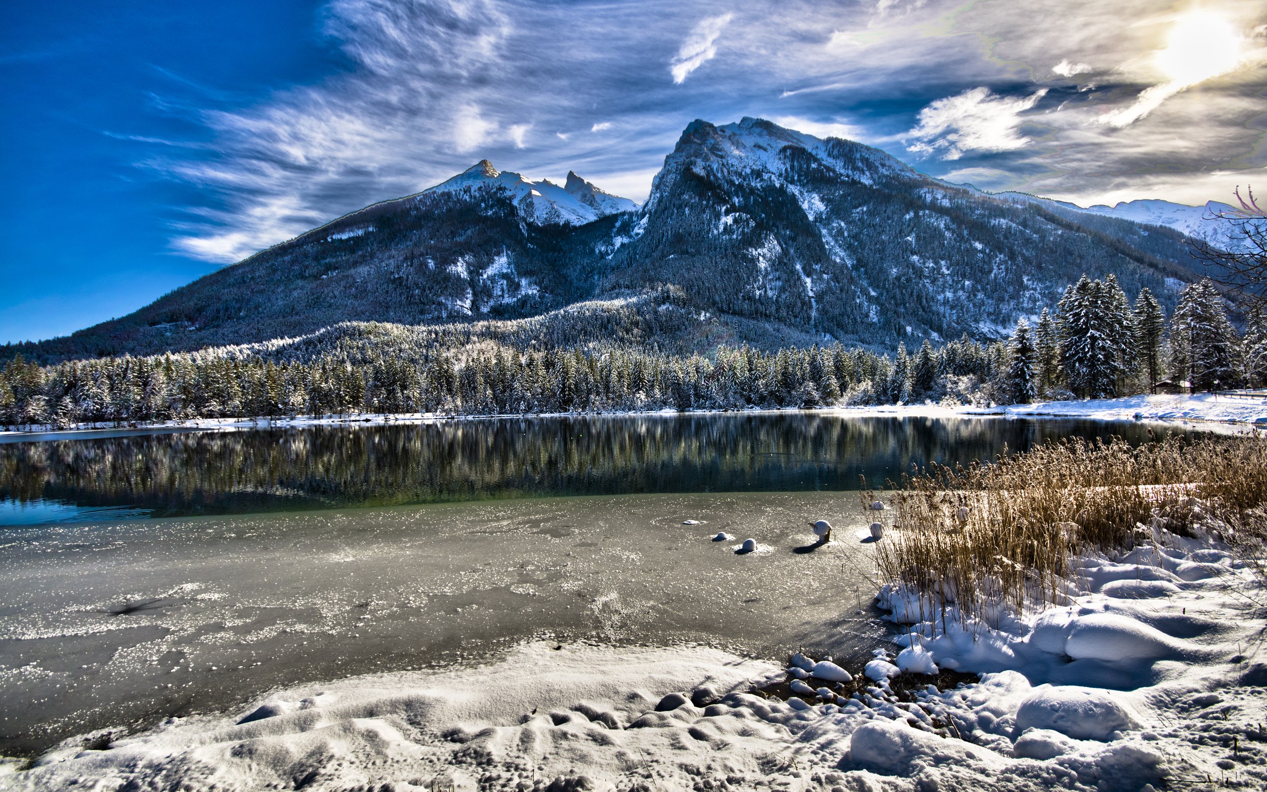 Snowy mountains and lake with trees HD Wallpaper
