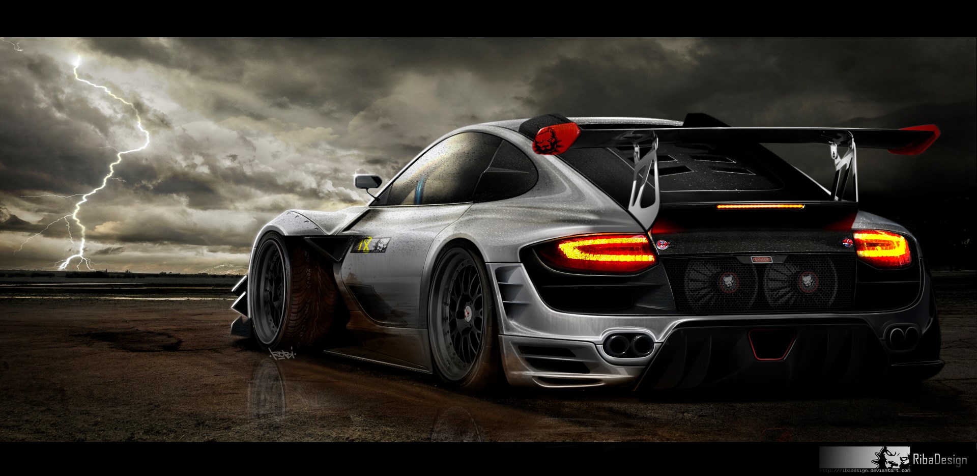 Modified Porsche sports car in stormy weather HD Wallpaper