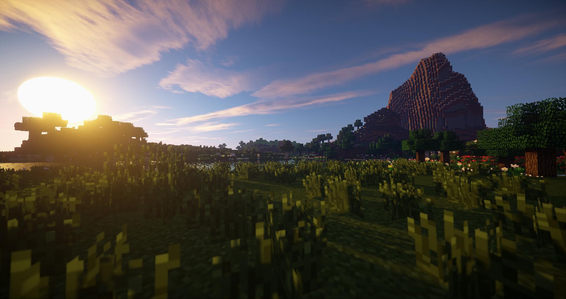 Minecraft landscape with mountains and sun HD Wallpaper