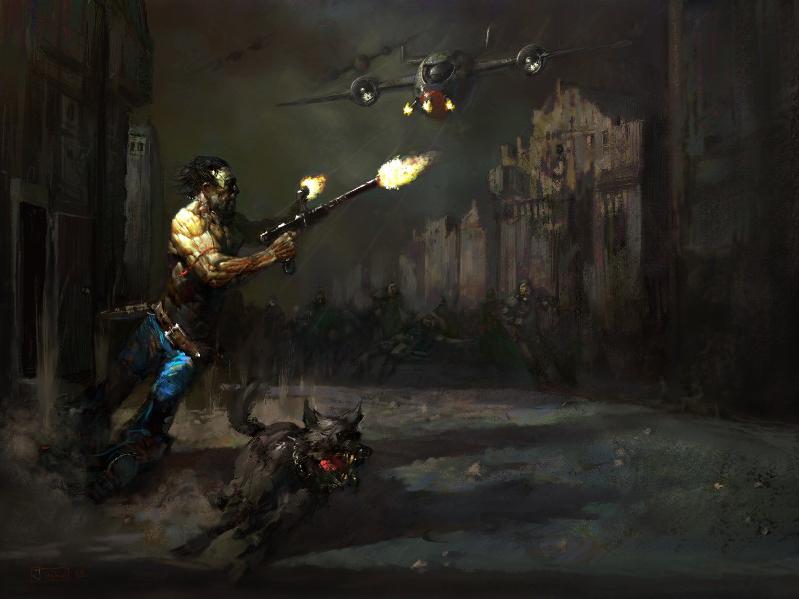 Man and dog fighting in a ruined city with planes HD Wallpaper