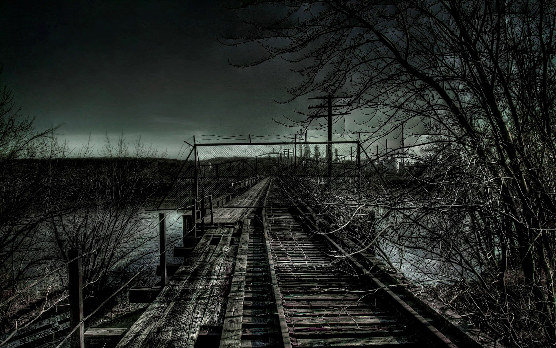 Abandoned railroad bridge over water HD Wallpaper
