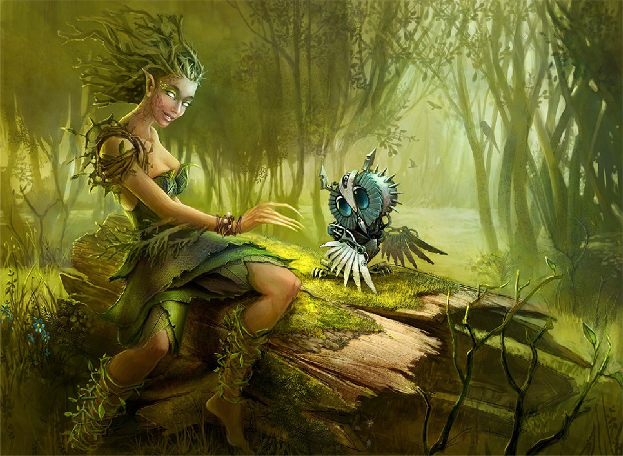 Sylvan woman with mechanical owl in a forest HD Wallpaper