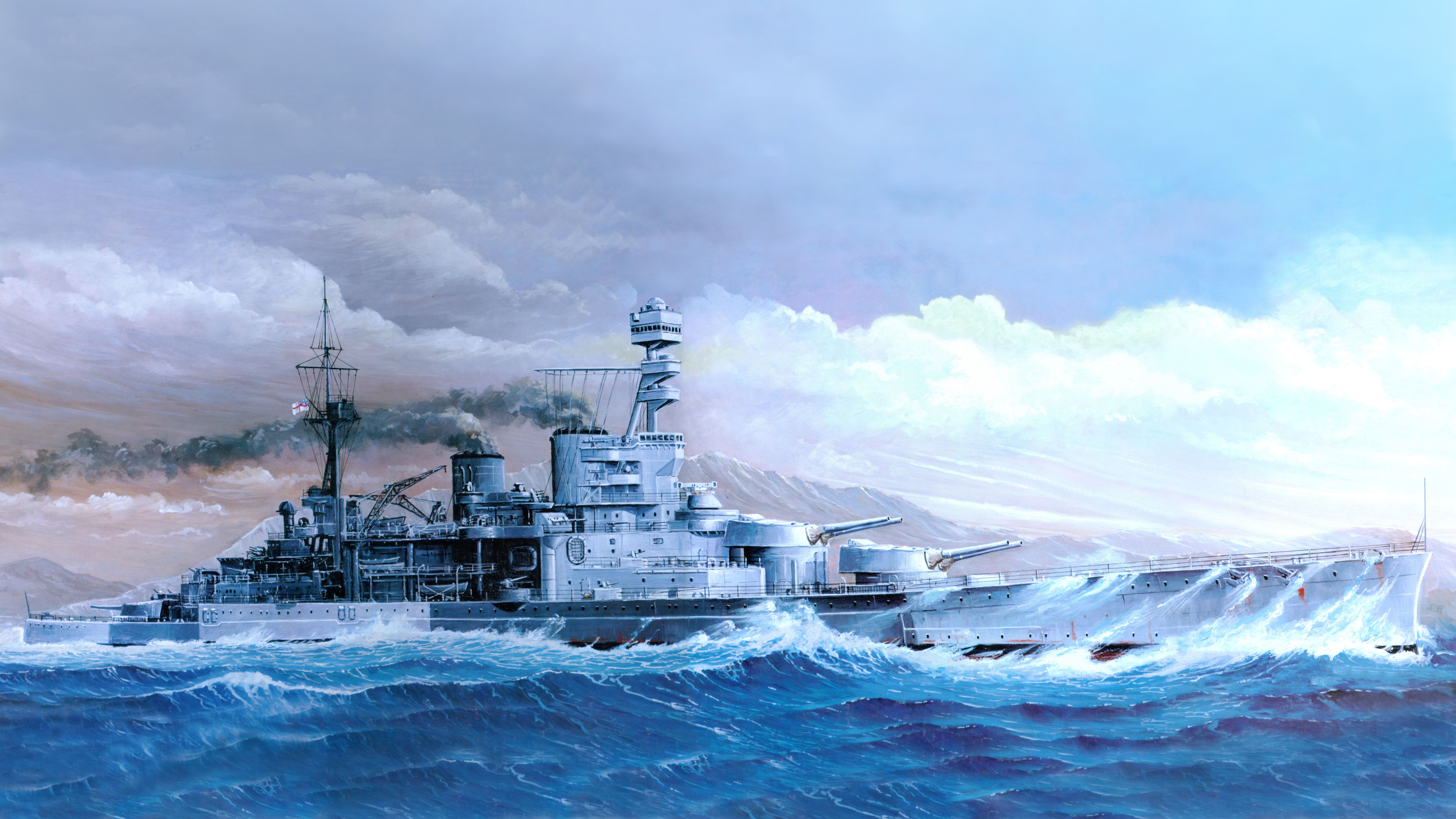 Battleship sailing through rough seas under cloudy skies HD Wallpaper
