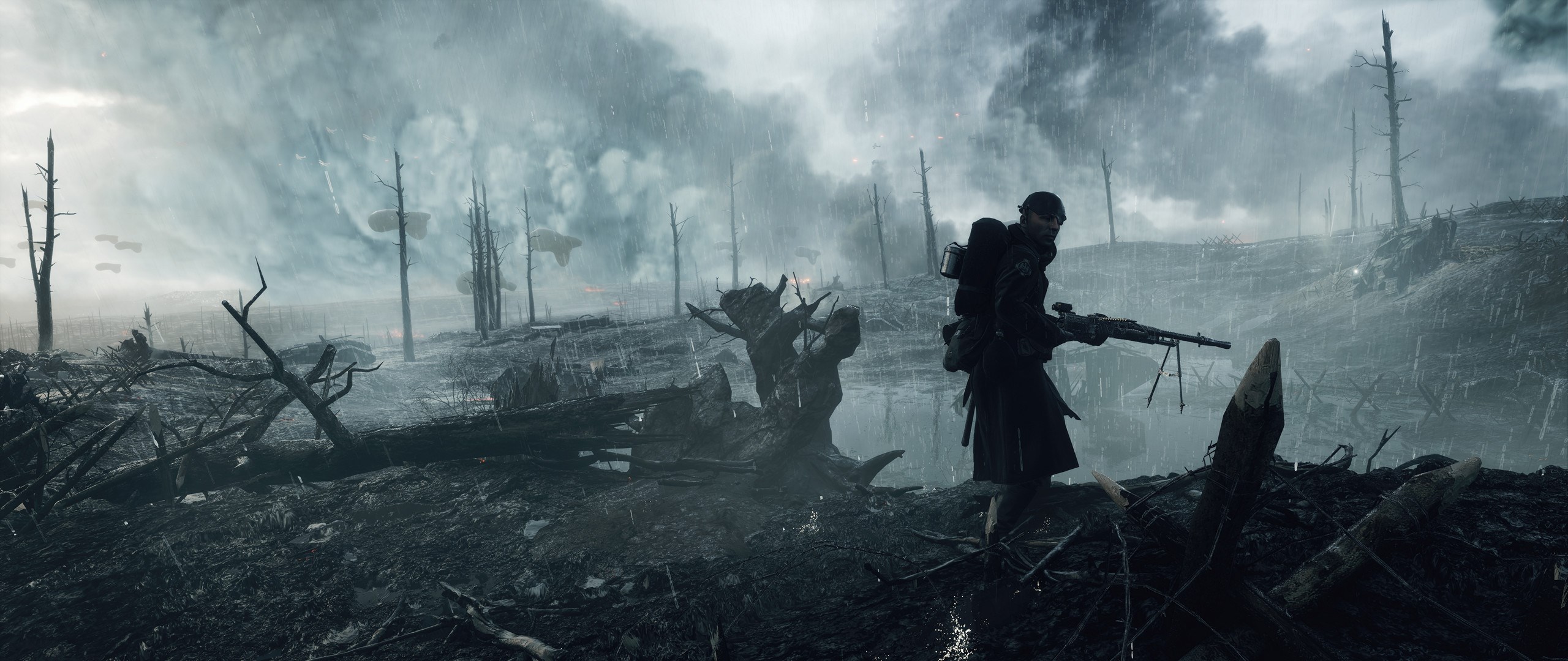 Soldier with machine gun in Battlefield 1 trench warfare HD Wallpaper
