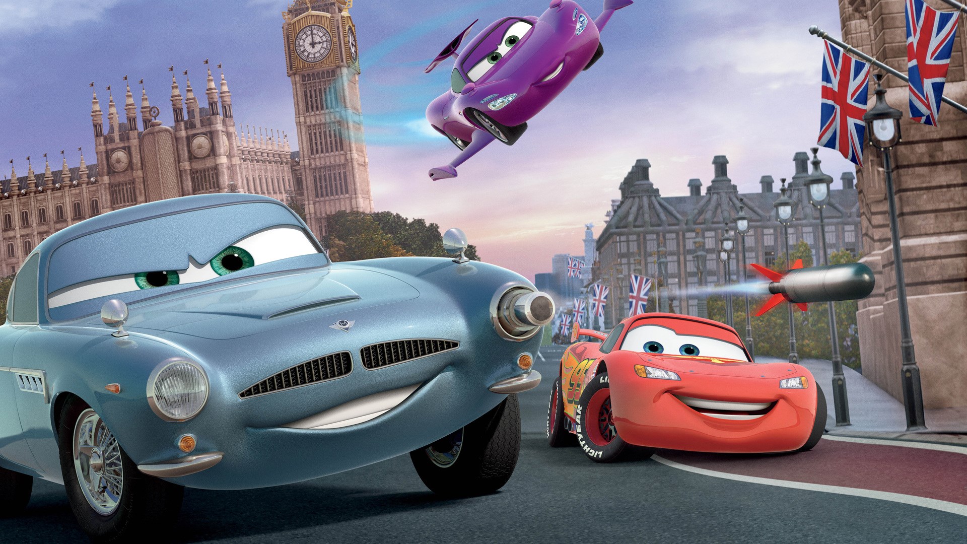 Cars 2: Finn McMissile, Lightning McQueen, and Holley Shiftwell in London HD Wallpaper