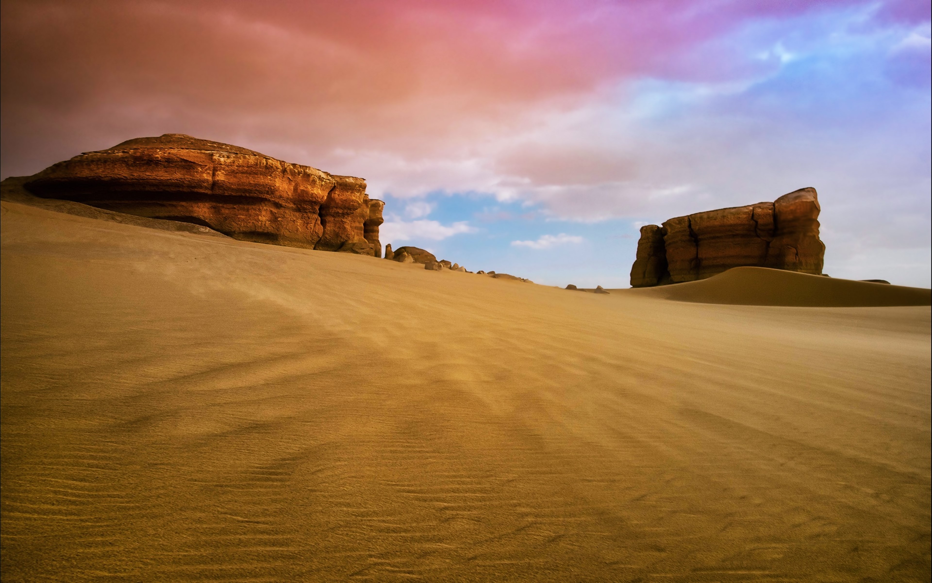 Desert landscape with rock formations and sand dunes HD Wallpaper