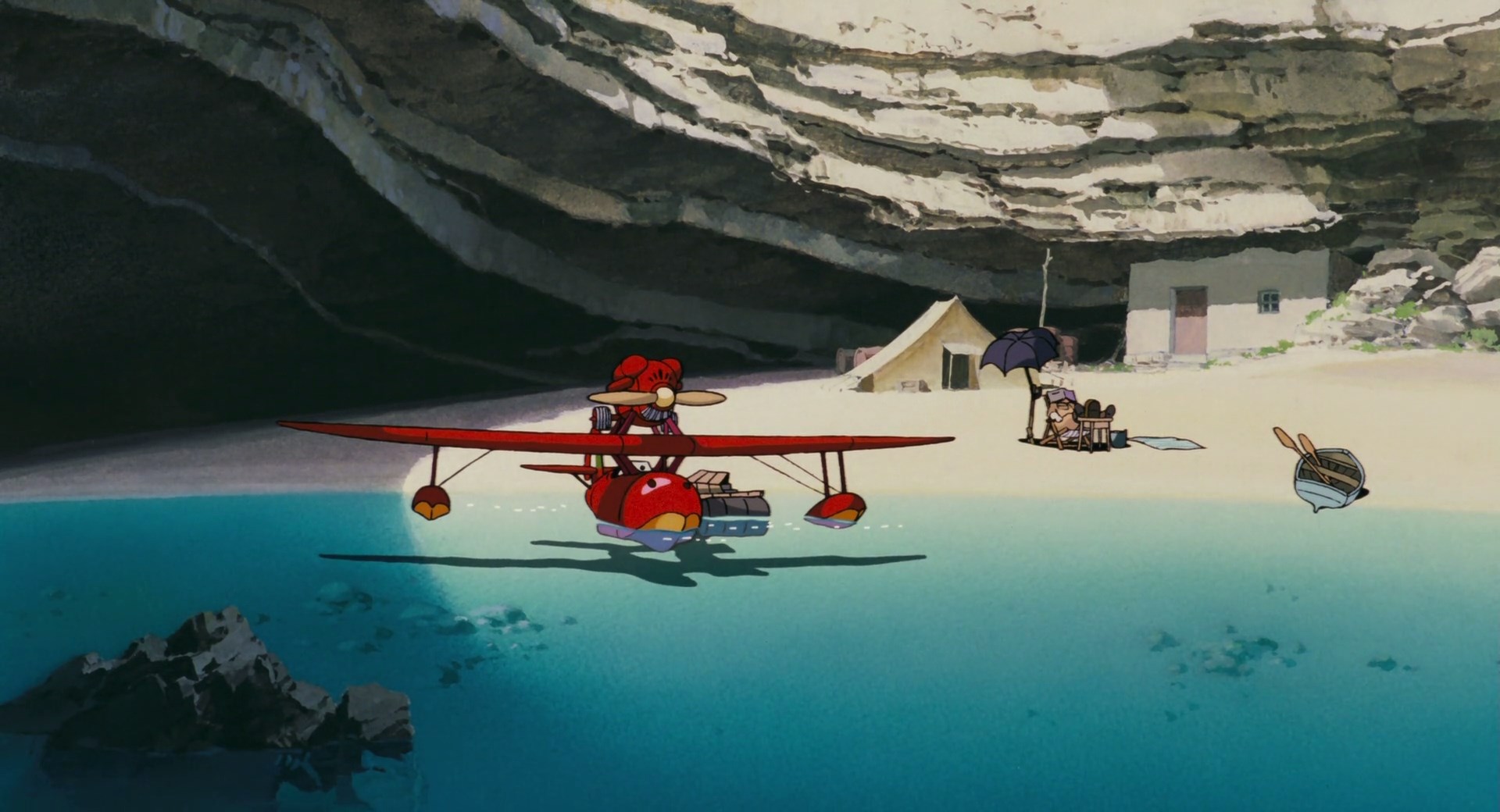 Porco Rosso seaplane on a beach HD Wallpaper