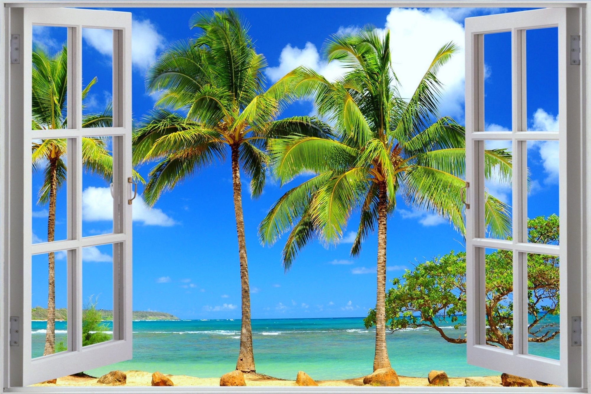 Open window view of a tropical beach with palm trees HD Wallpaper