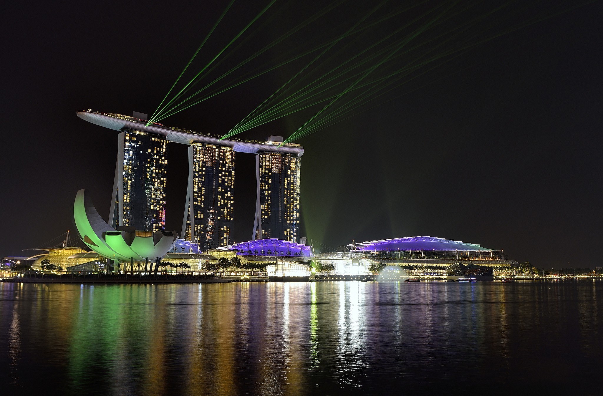 Marina Bay Sands Singapore at night with lasers HD Wallpaper