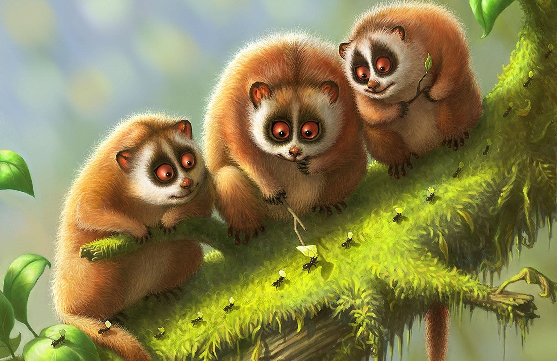 Three Cute Fuzzy Creatures Watching Ants on Moss HD Wallpaper