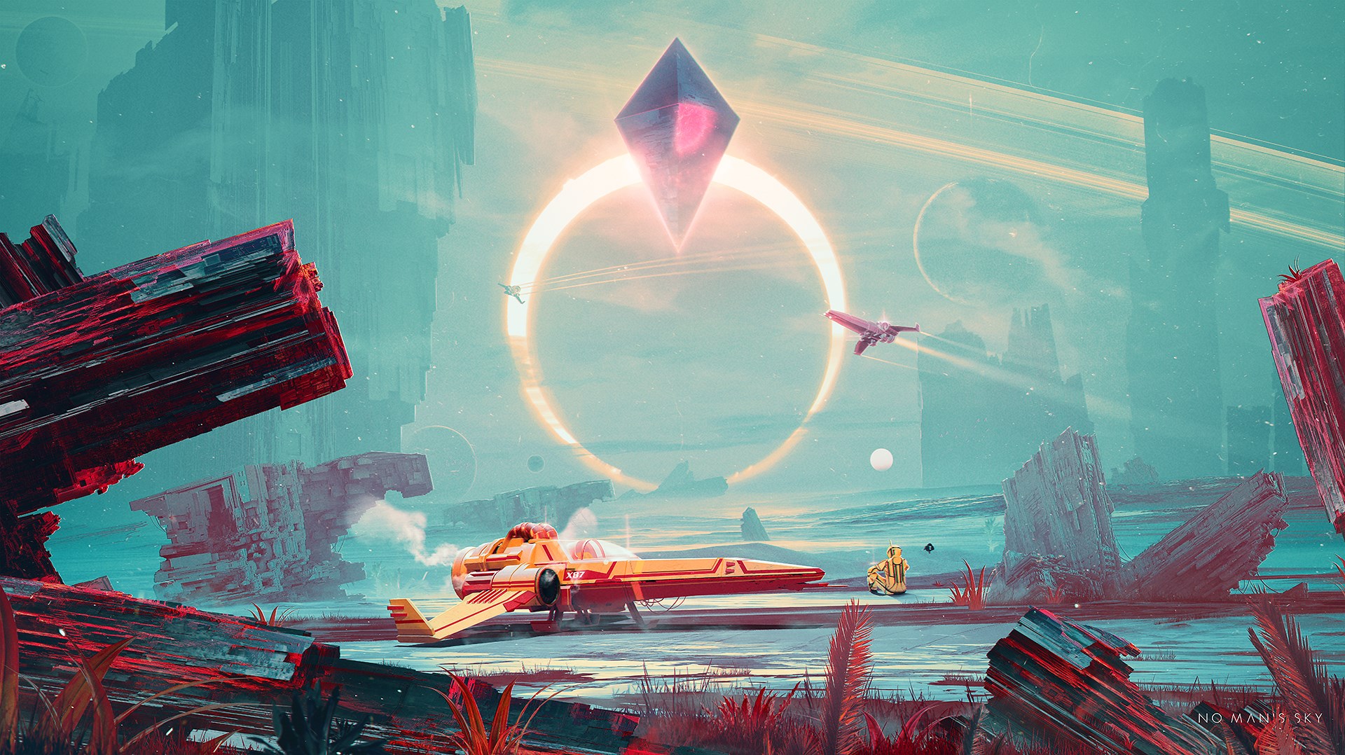 No Man's Sky alien planet with spaceships HD Wallpaper