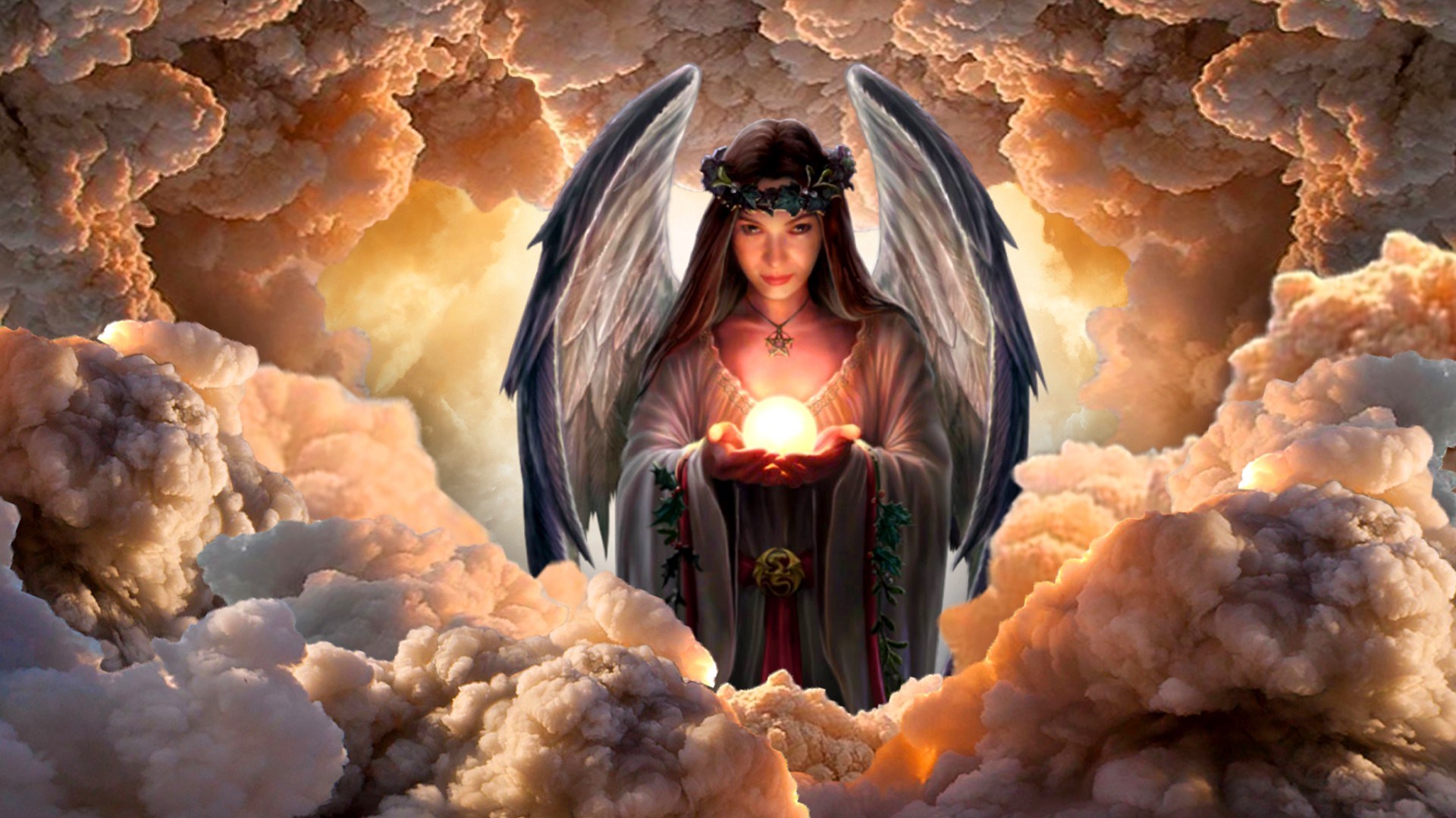Angel holding a glowing orb in clouds HD Wallpaper
