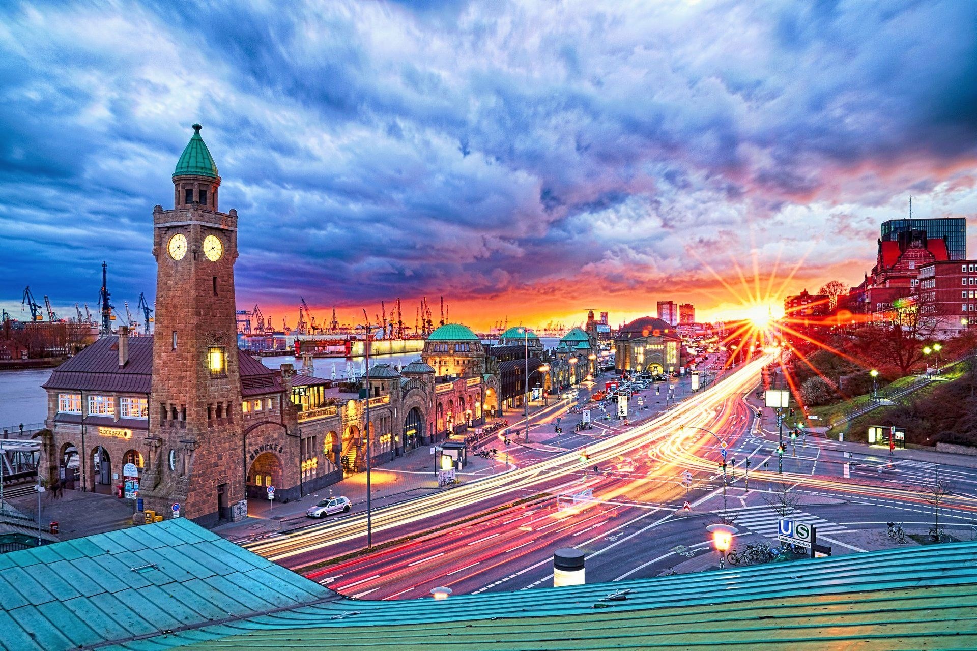 Sunset Over Hamburg Harbor with Light Trails HD Wallpaper