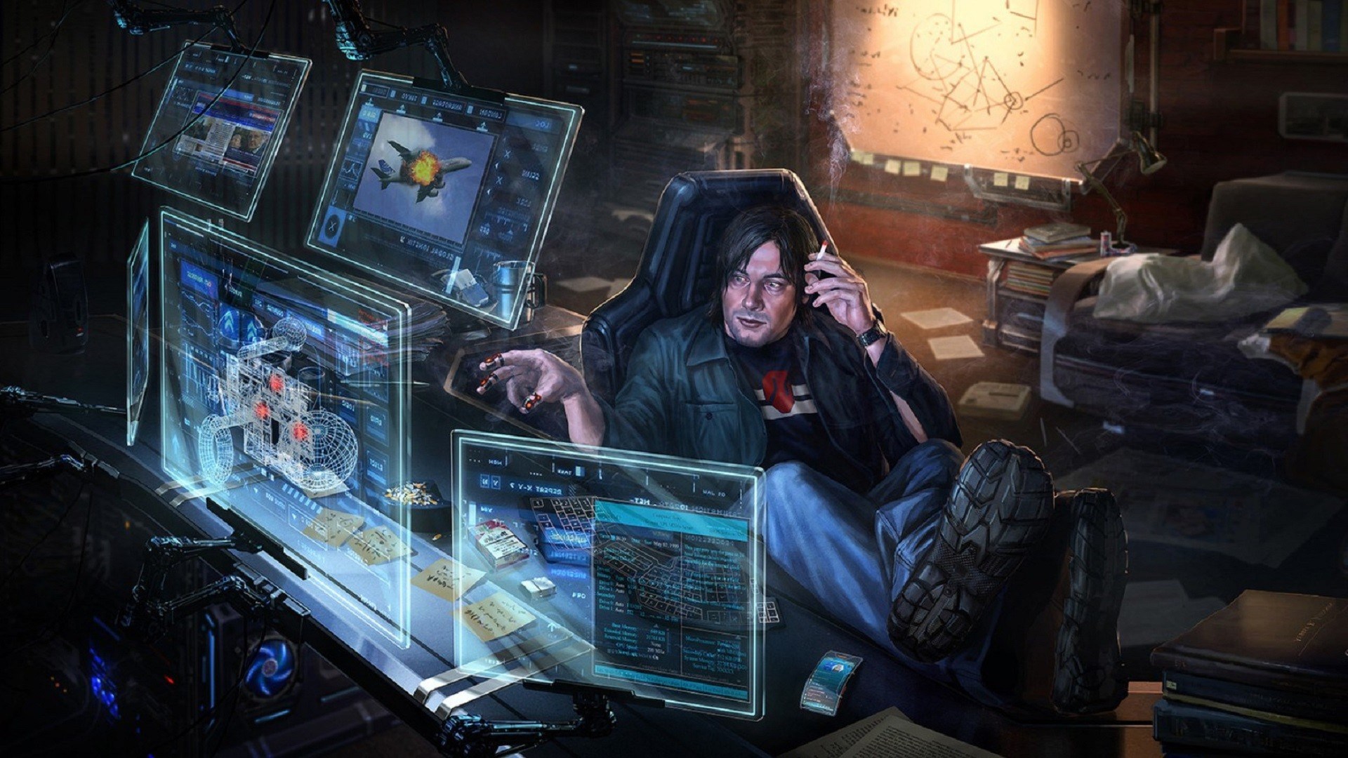 Man in dark room with holographic displays HD Wallpaper