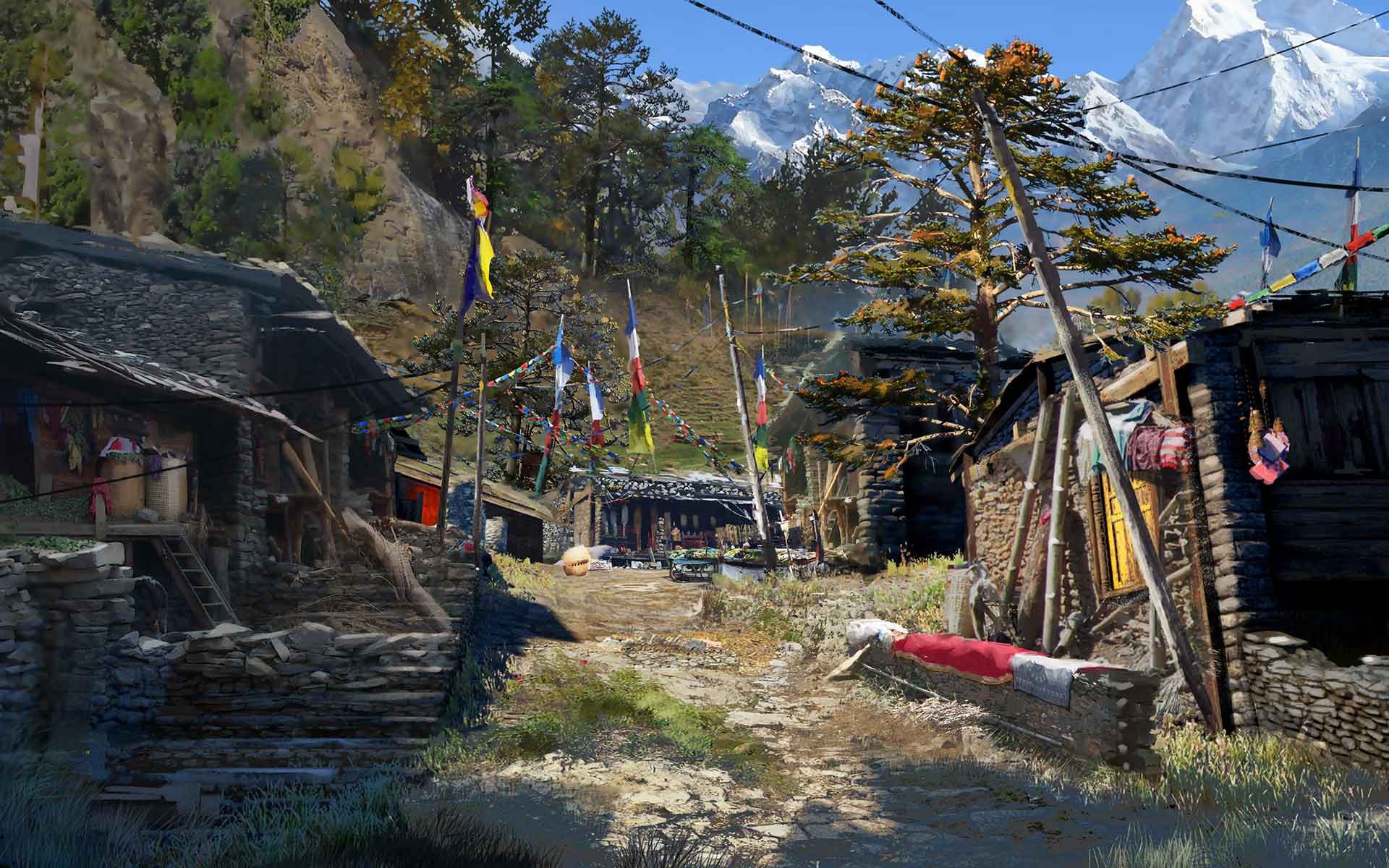 Far Cry 4 Mountain Village with Prayer Flags HD Wallpaper