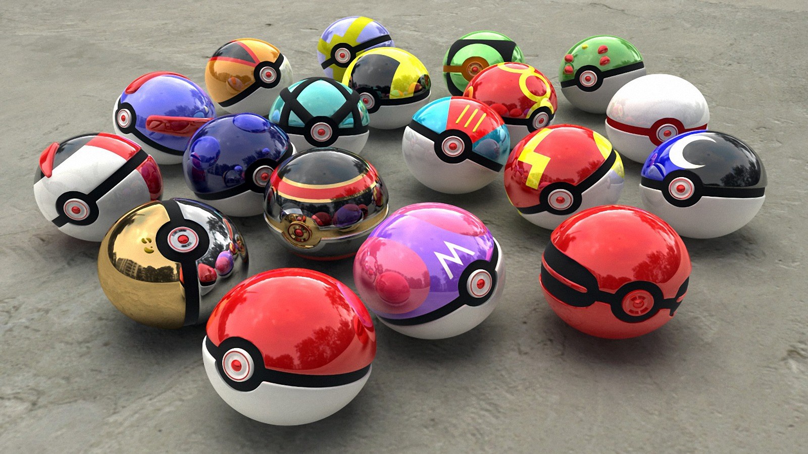 Collection of various Pokemon balls on a concrete surface HD Wallpaper