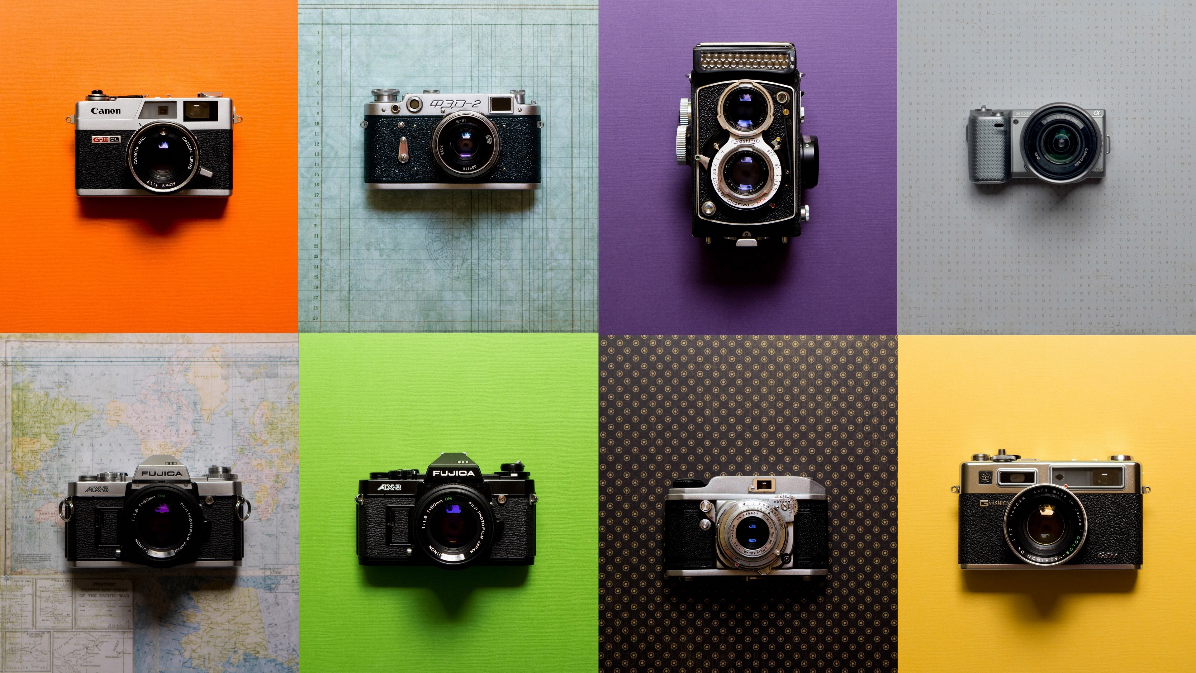 Collection of vintage and modern cameras HD Wallpaper