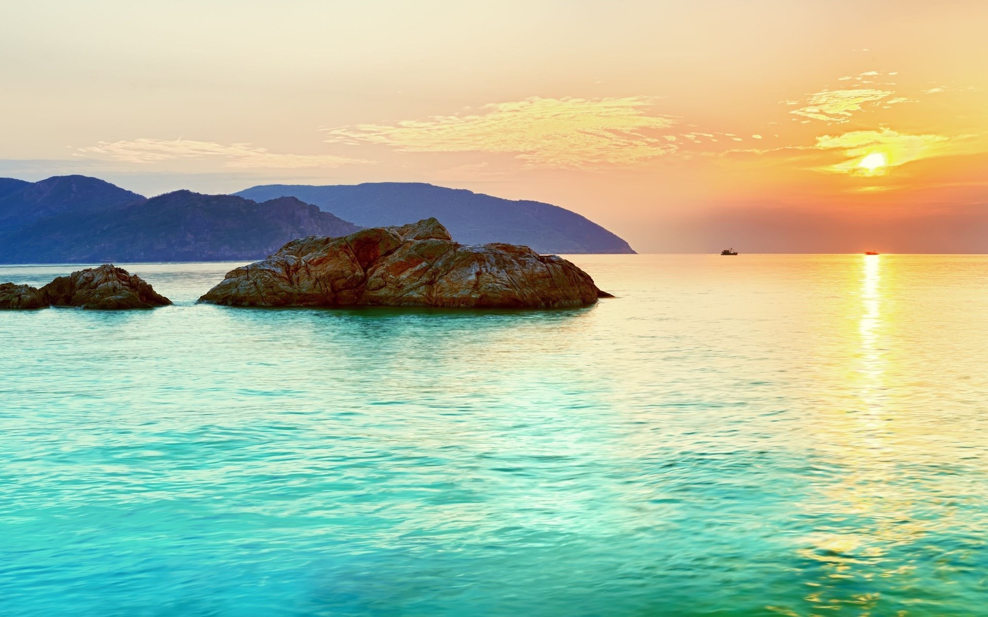 Sunset Over Calm Sea with Rocky Islands HD Wallpaper