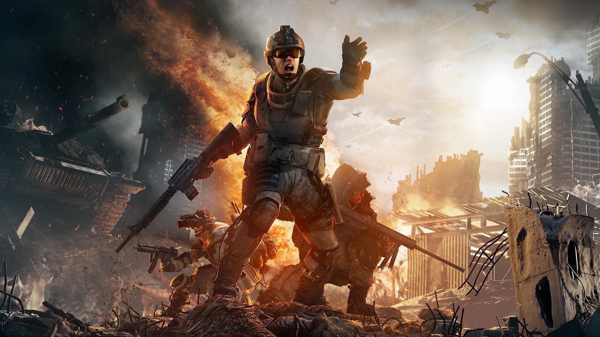 Soldiers in a destroyed city during a war HD Wallpaper