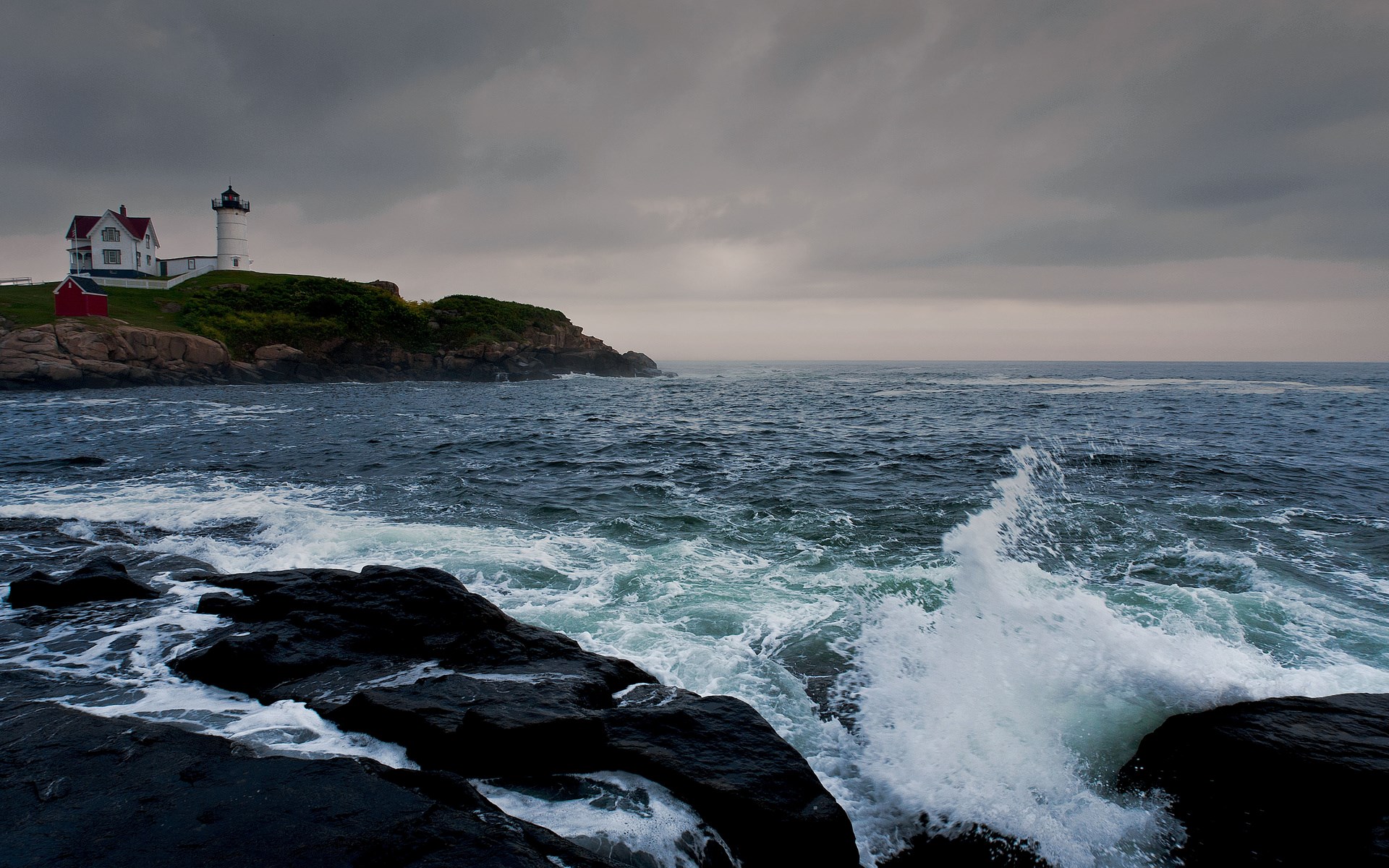 Nubble Lighthouse on a cloudy day HD Wallpaper