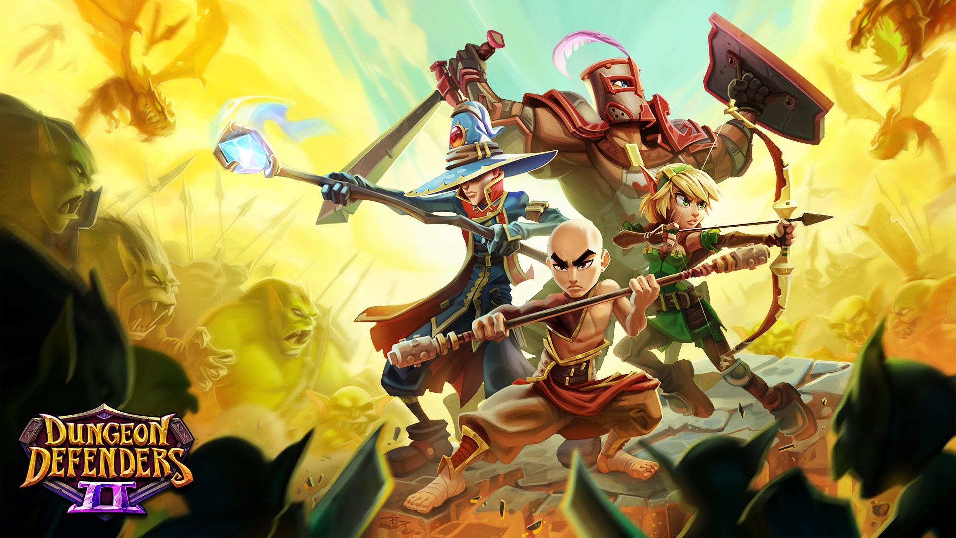 Dungeon Defenders 2 game characters fighting monsters and dragons HD Wallpaper