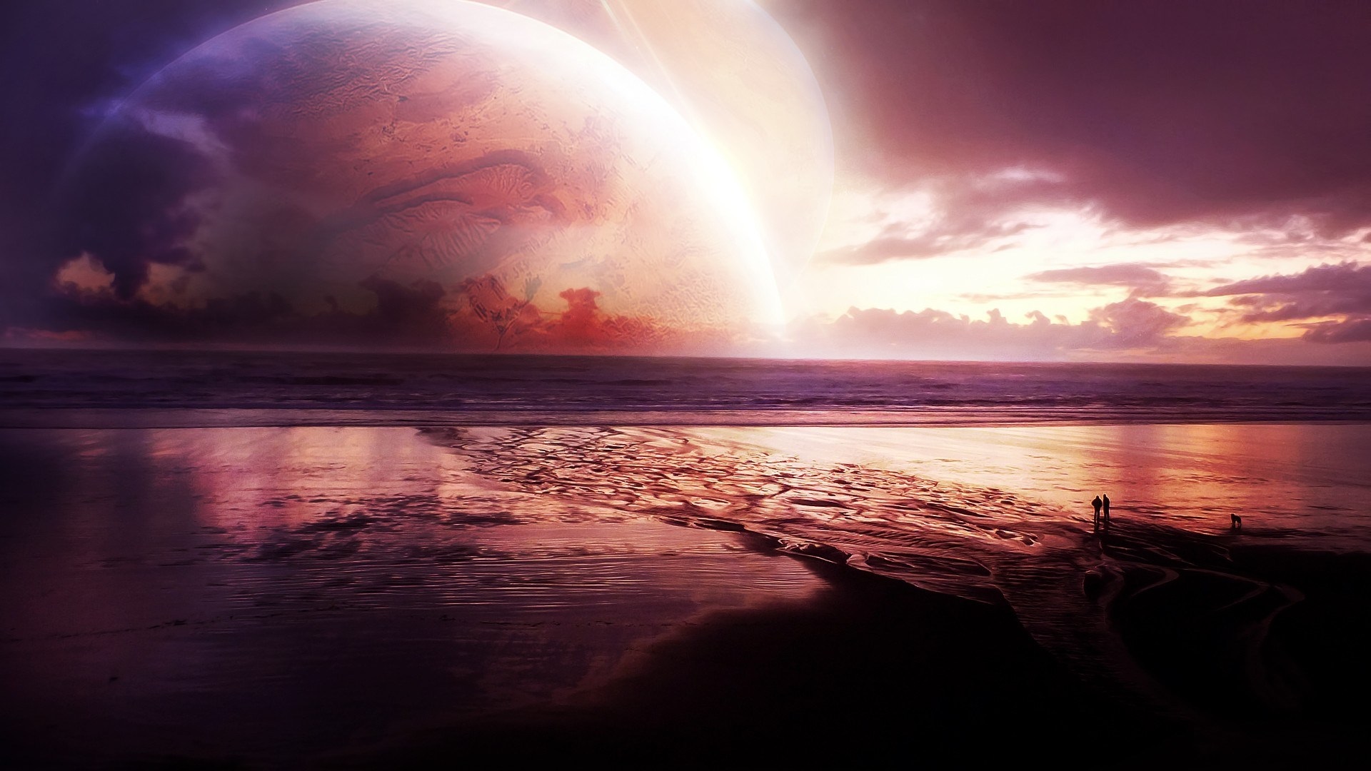Digital universe with planets over a beach at sunset HD Wallpaper