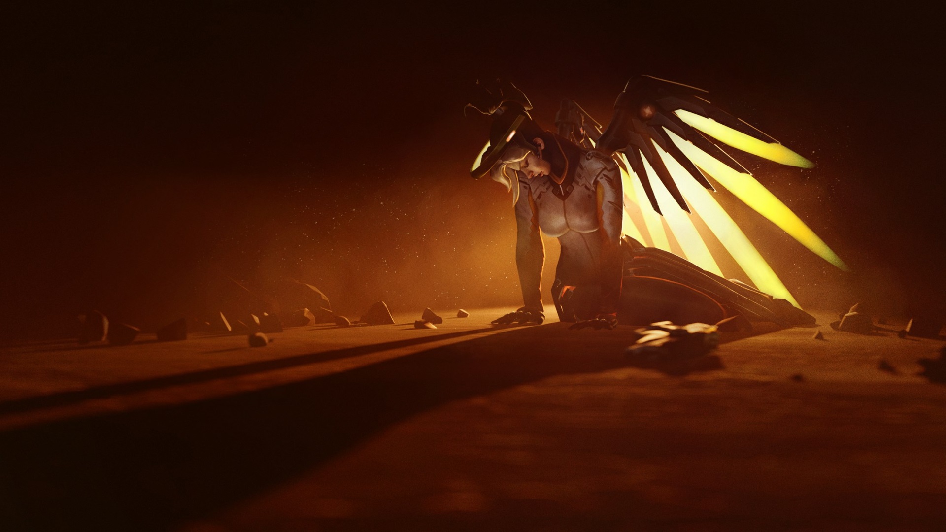 Mercy from Overwatch kneeling with glowing wings HD Wallpaper