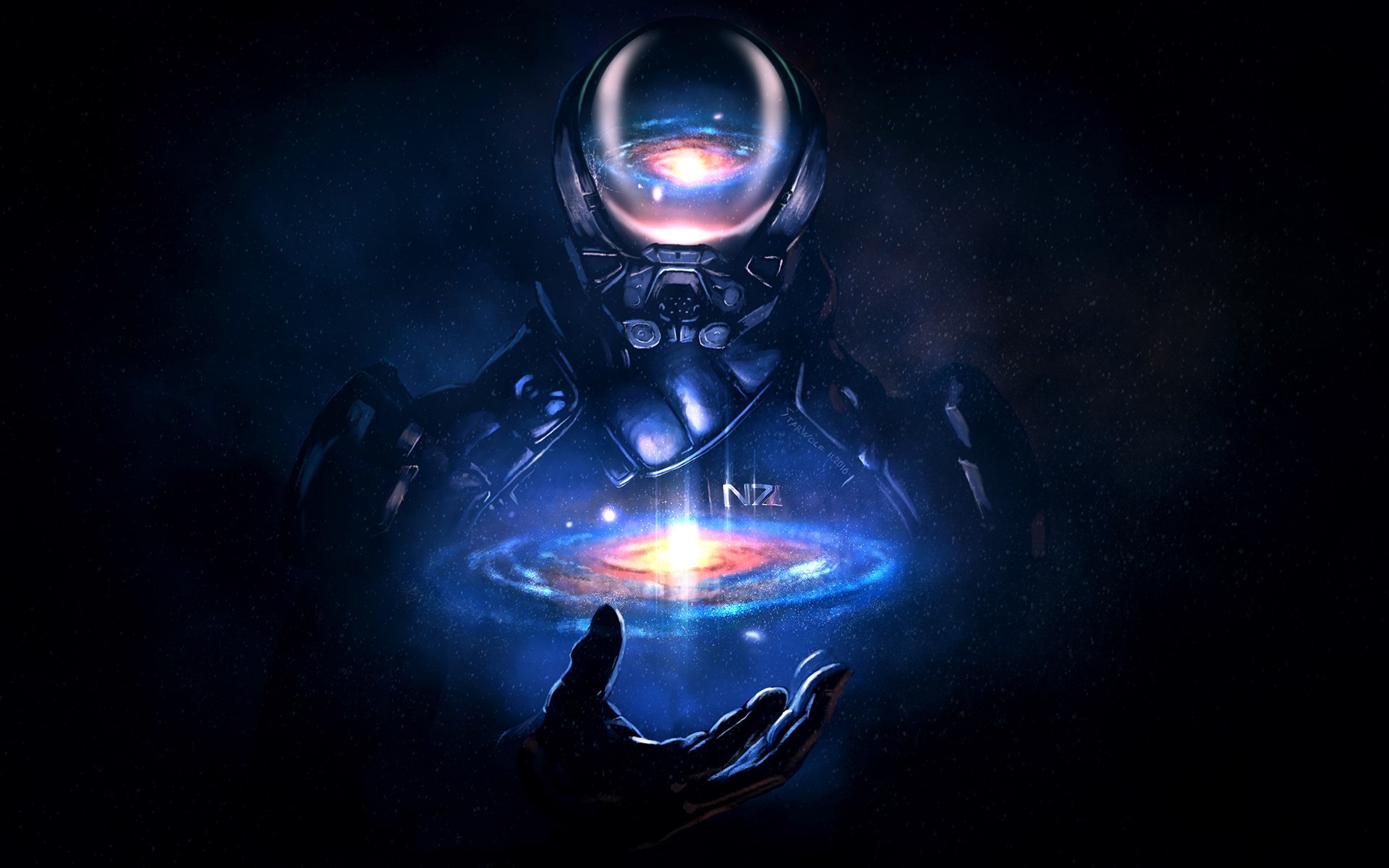 Mass Effect Andromeda character holding galaxies HD Wallpaper