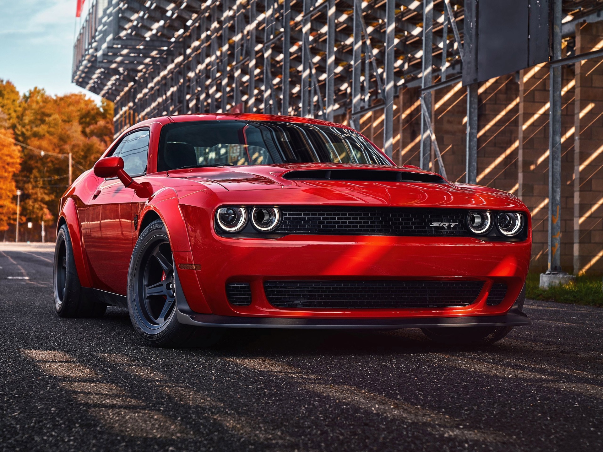 Red Dodge Challenger SRT Demon parked on asphalt HD Wallpaper