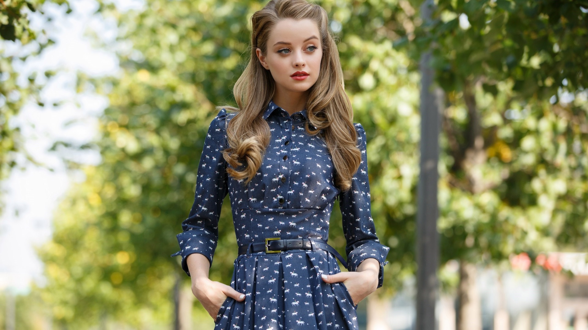 Maria Zhgenti in Blue Dress with Trees HD Wallpaper