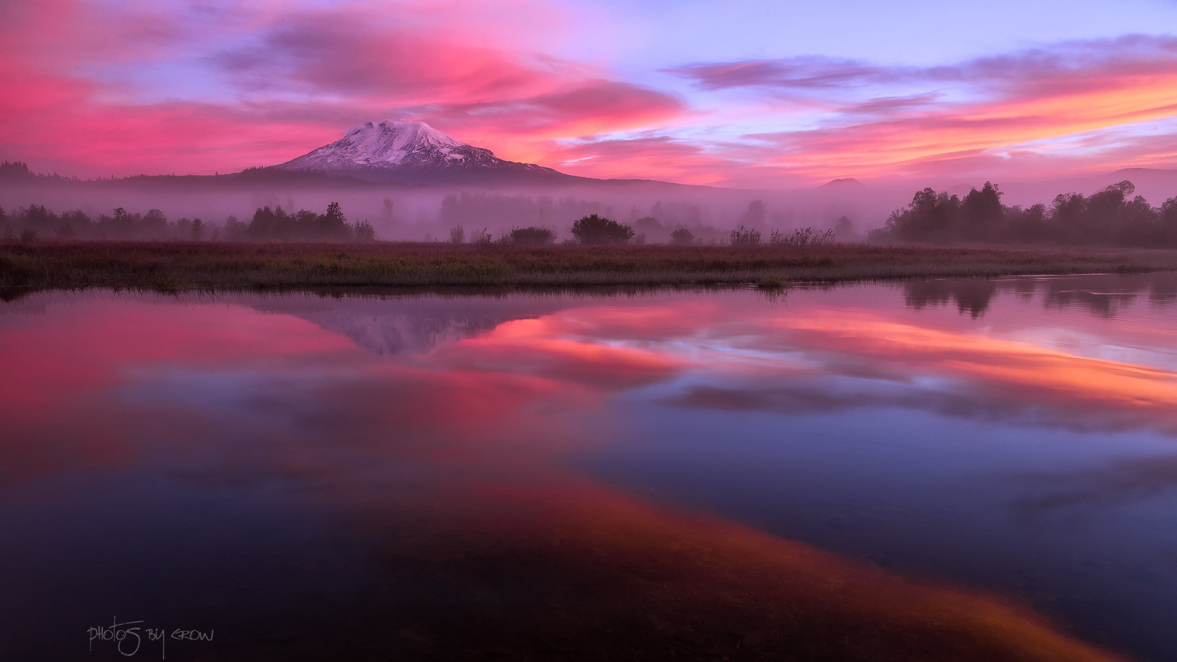 Mountain and lake at sunrise with pink clouds HD Wallpaper