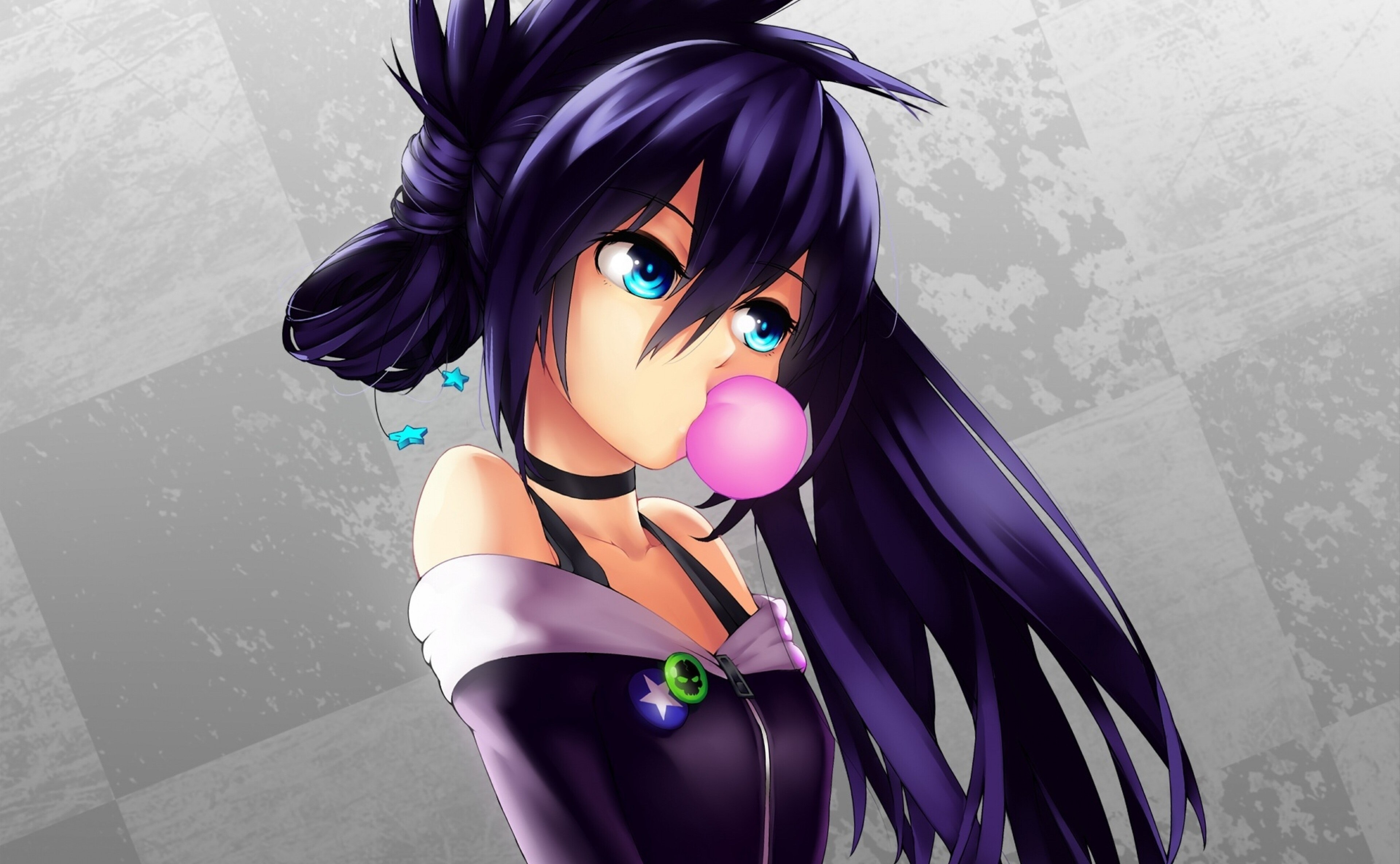 Anime girl with purple hair blowing bubble gum HD Wallpaper