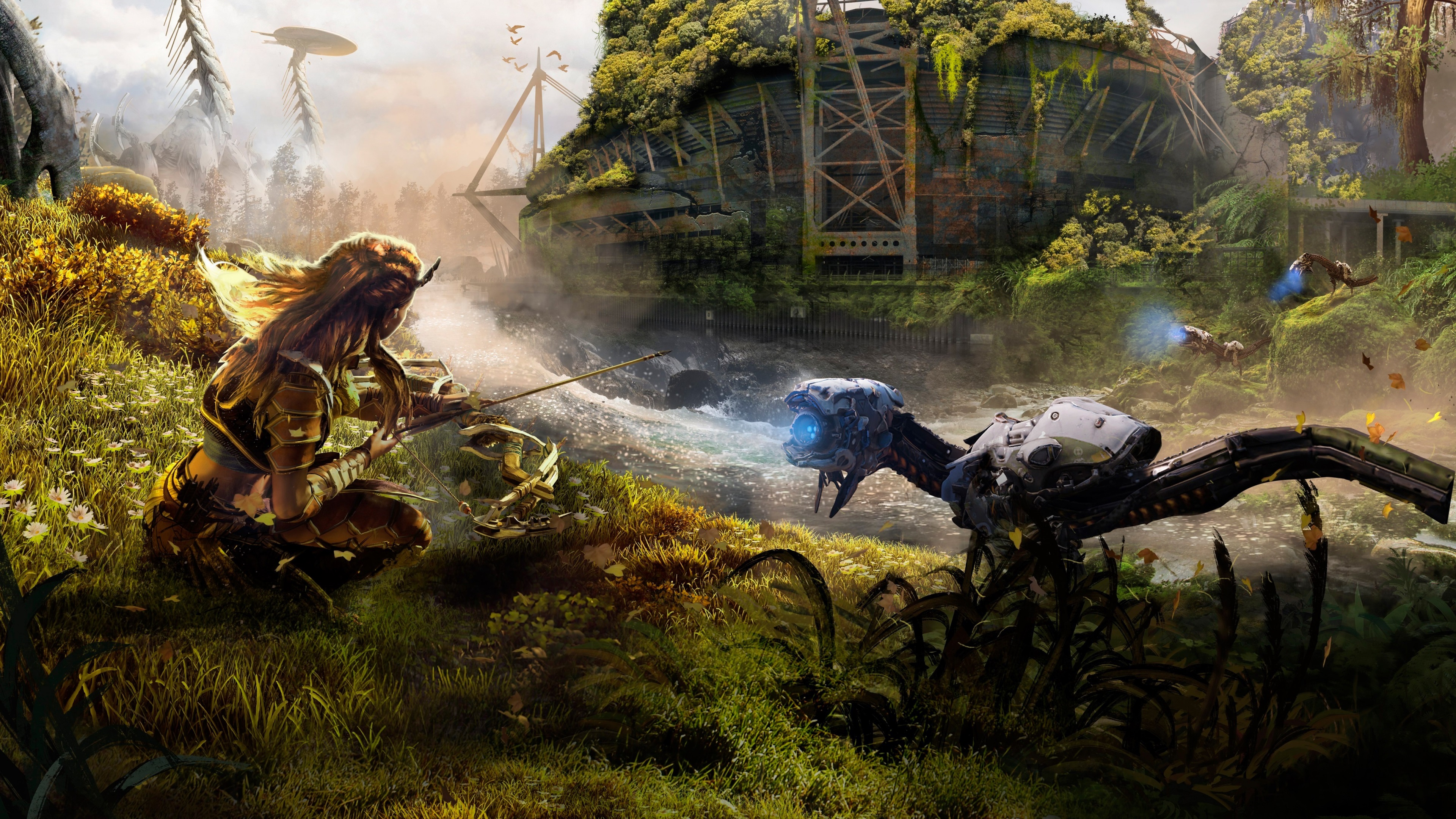 Aloy from Horizon Zero Dawn fighting a Watcher HD Wallpaper