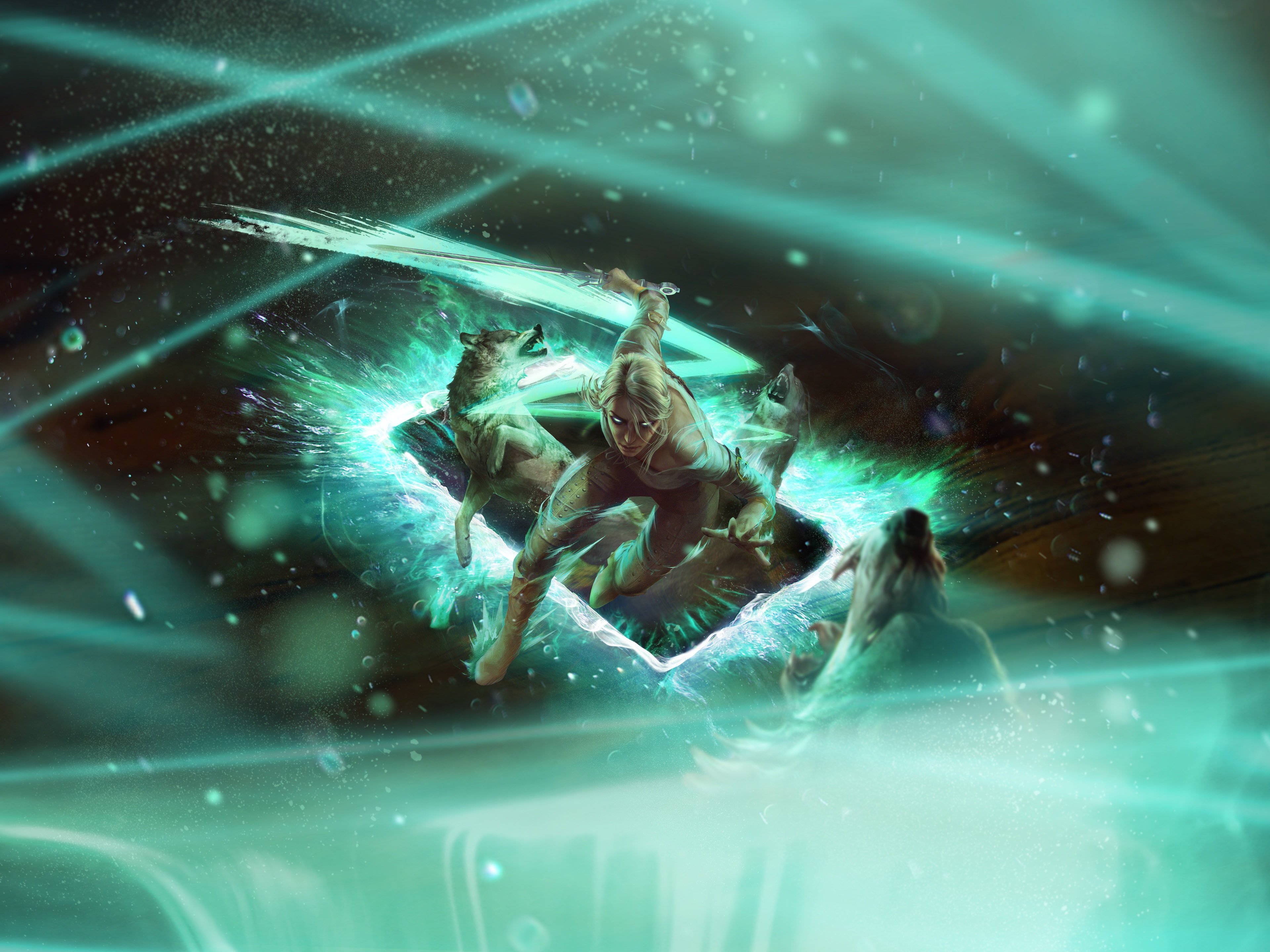 Ciri fighting with wolves in a portal HD Wallpaper