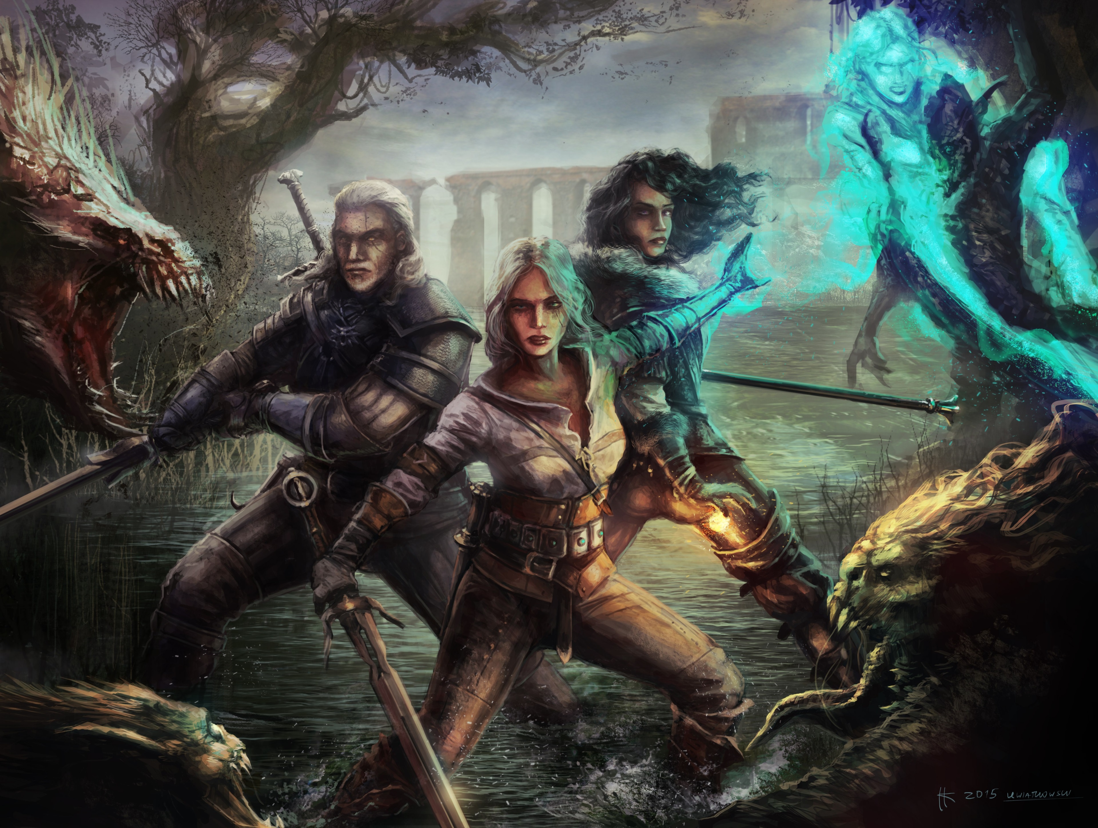 Geralt, Ciri, and Yennefer from The Witcher 3 HD Wallpaper